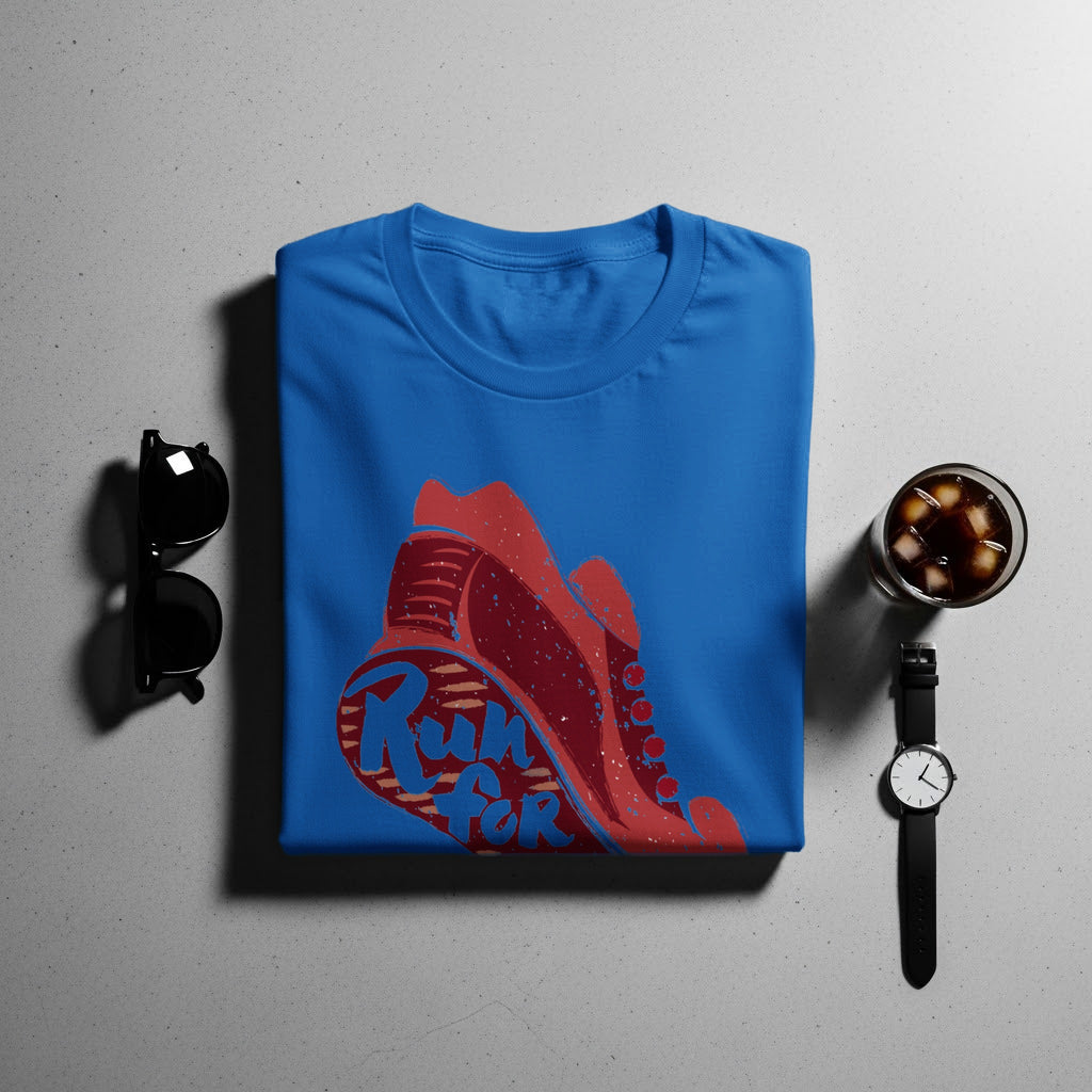 Blue t-shirt with red and blue "Run for" graphic on a sneaker.