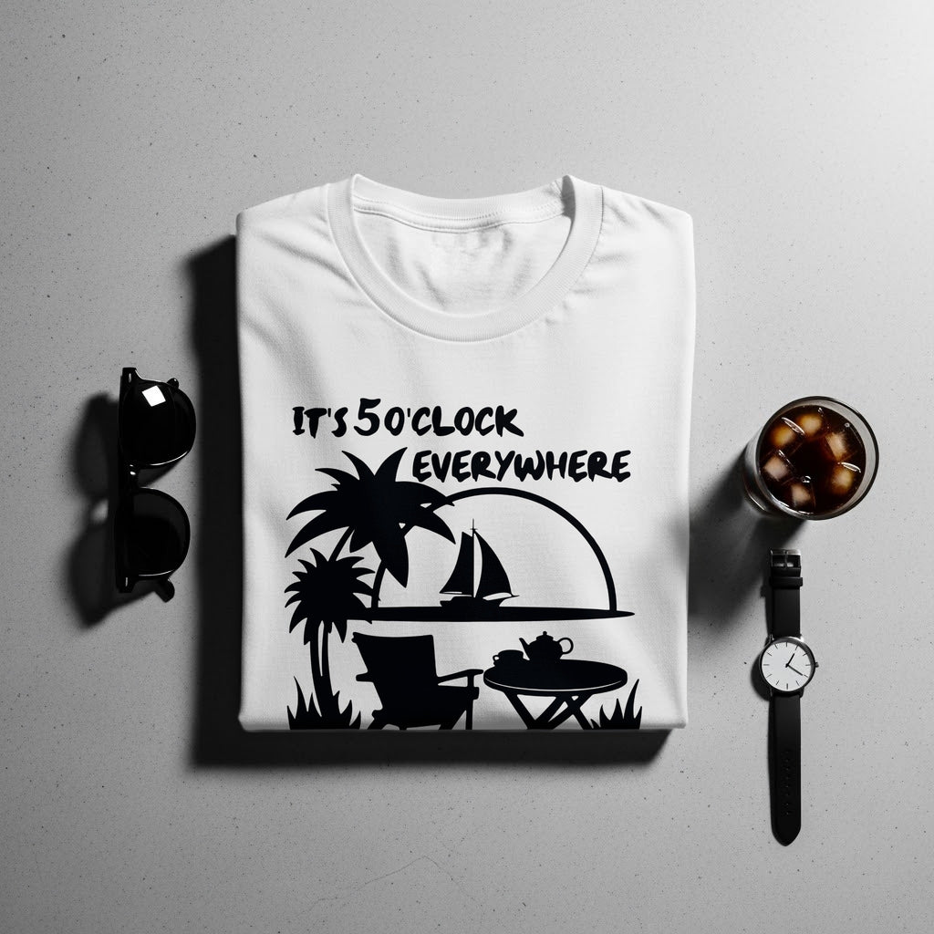 White t-shirt with "It's 5 O'Clock Everywhere" text and beach scene graphic.