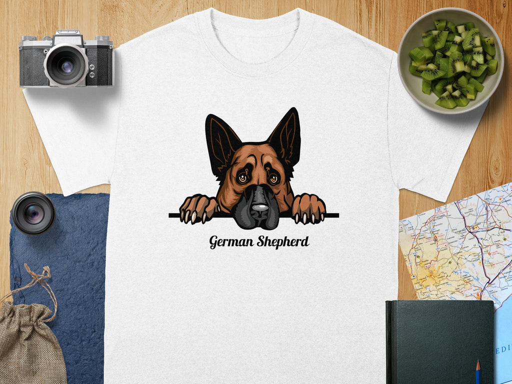 White t-shirt with a German Shepherd illustration peeking over a ledge.
