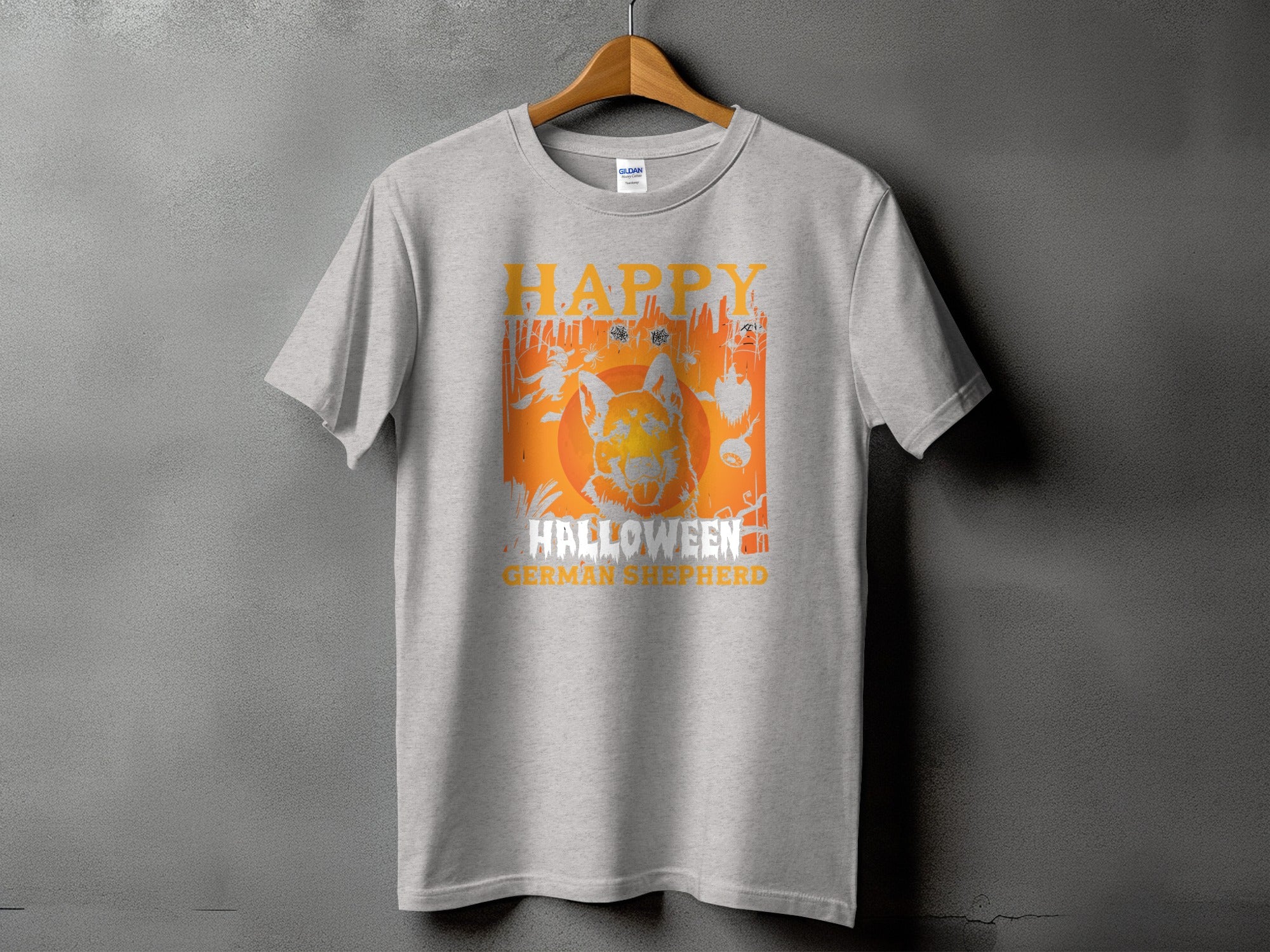 Grey t-shirt with "Happy Halloween German Shepherd" text and dog graphic.