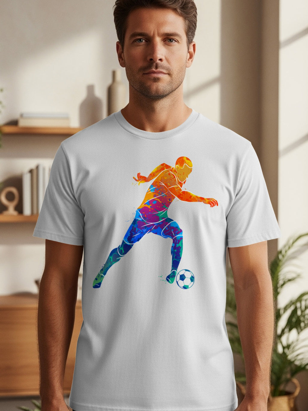 White t-shirt featuring a colorful abstract soccer player graphic.