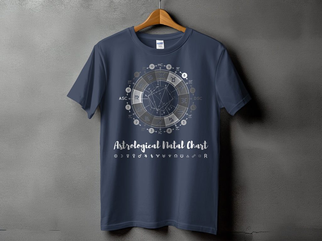 Dark blue t-shirt featuring an astrological natal chart design with text.