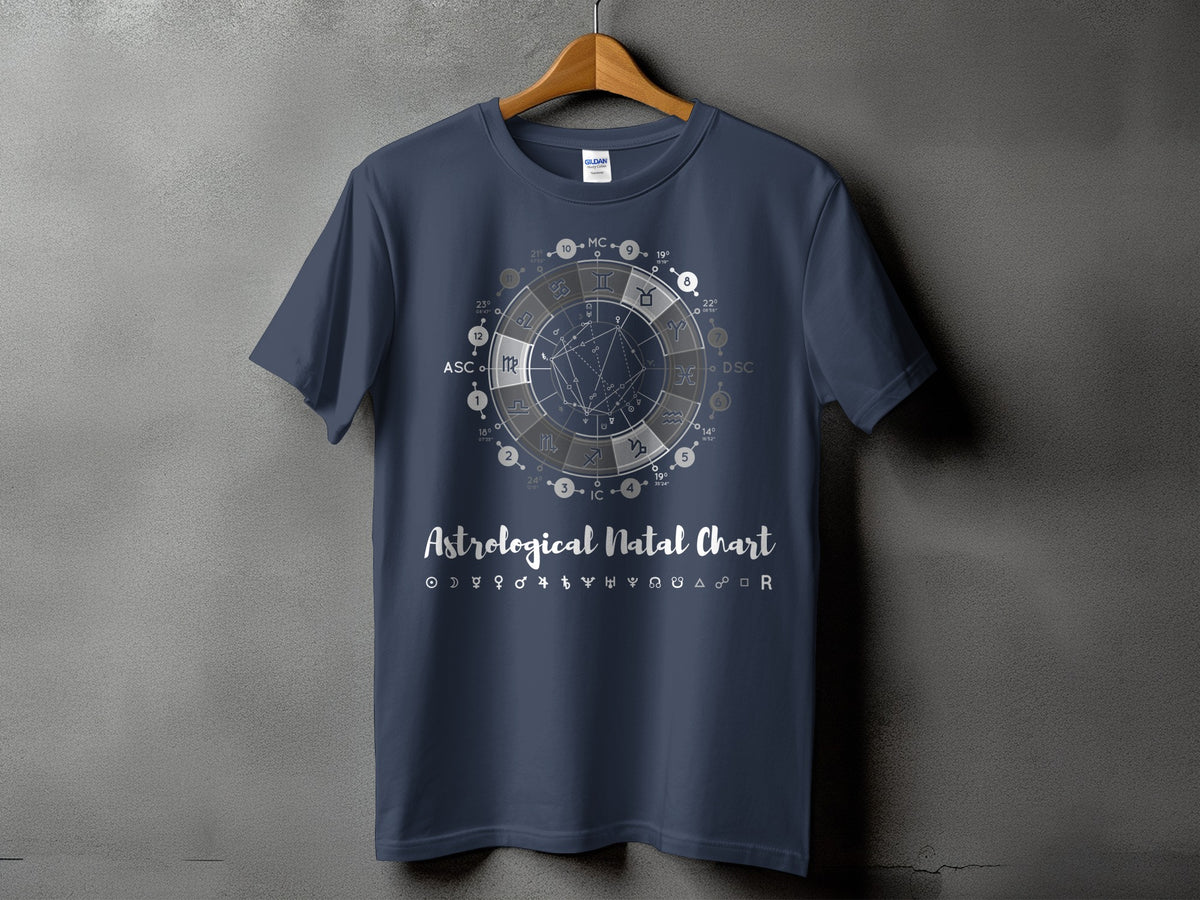 Dark blue t-shirt featuring an astrological natal chart design with text.