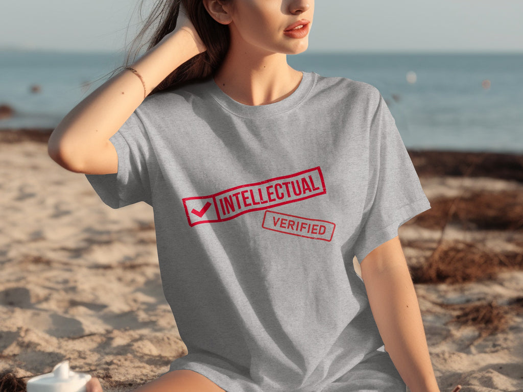 Grey t-shirt with red "INTELLECTUAL VERIFIED" stamp graphic on chest.