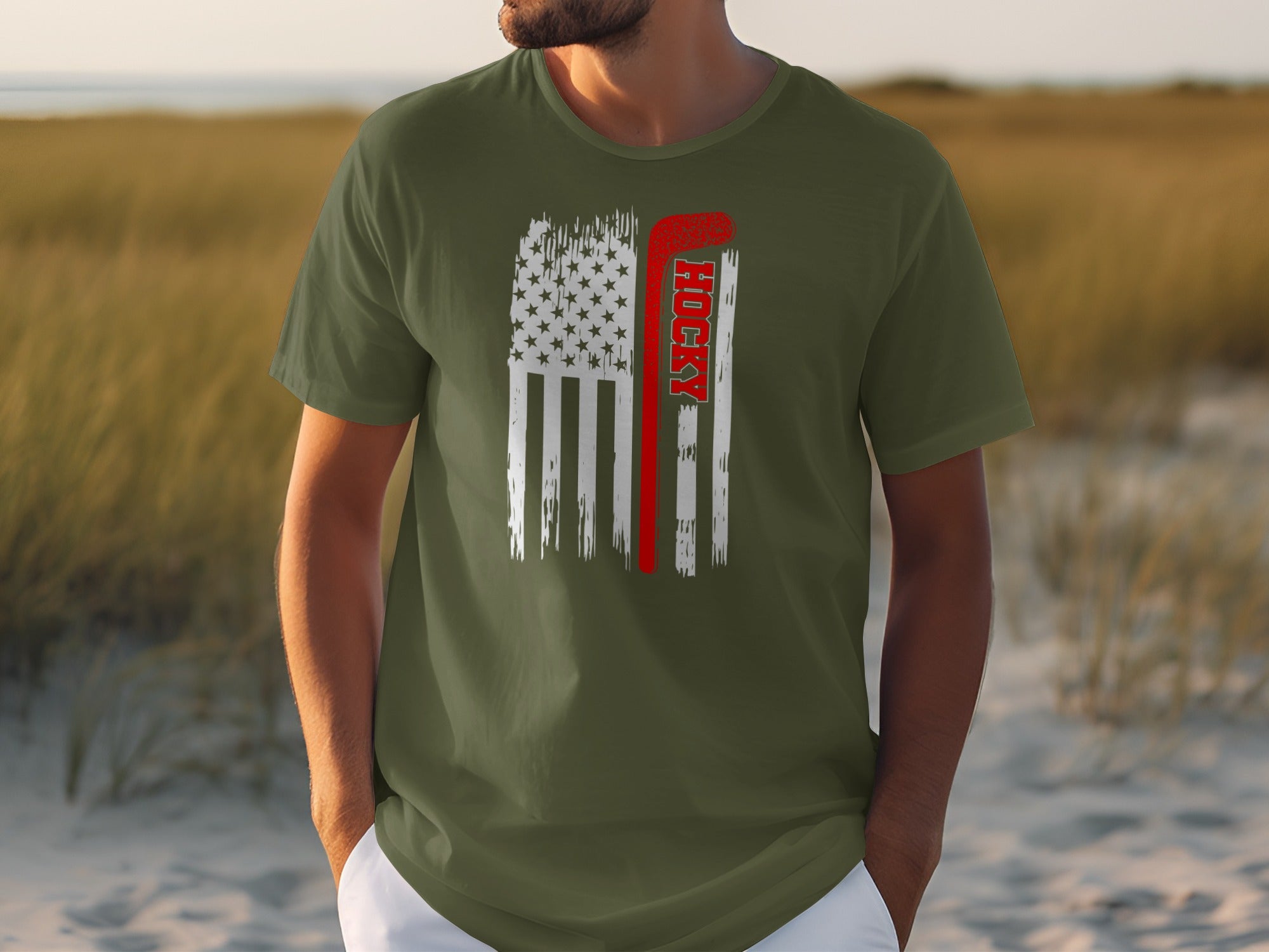 Olive green t-shirt with distressed American flag and "Hockey" text graphic.