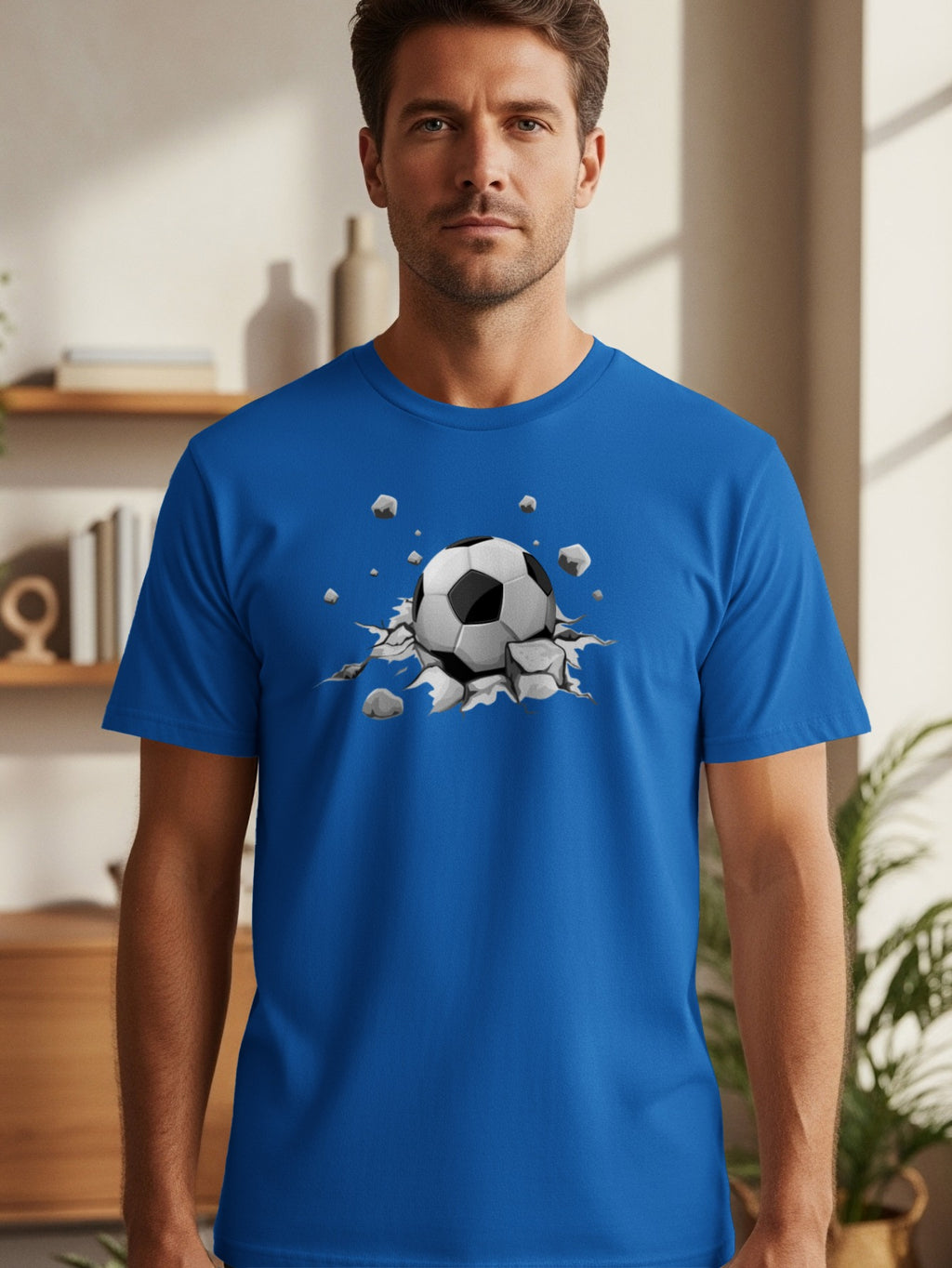 Blue t-shirt with a soccer ball bursting through a crack.