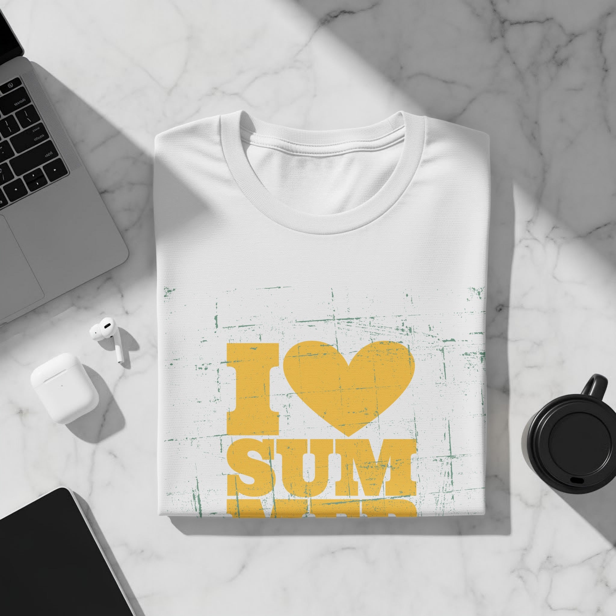White t-shirt with yellow "I heart summer" graphic on a distressed background.