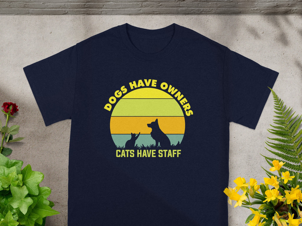 Navy t-shirt with "Dogs Have Owners, Cats Have Staff" text and pet silhouettes.