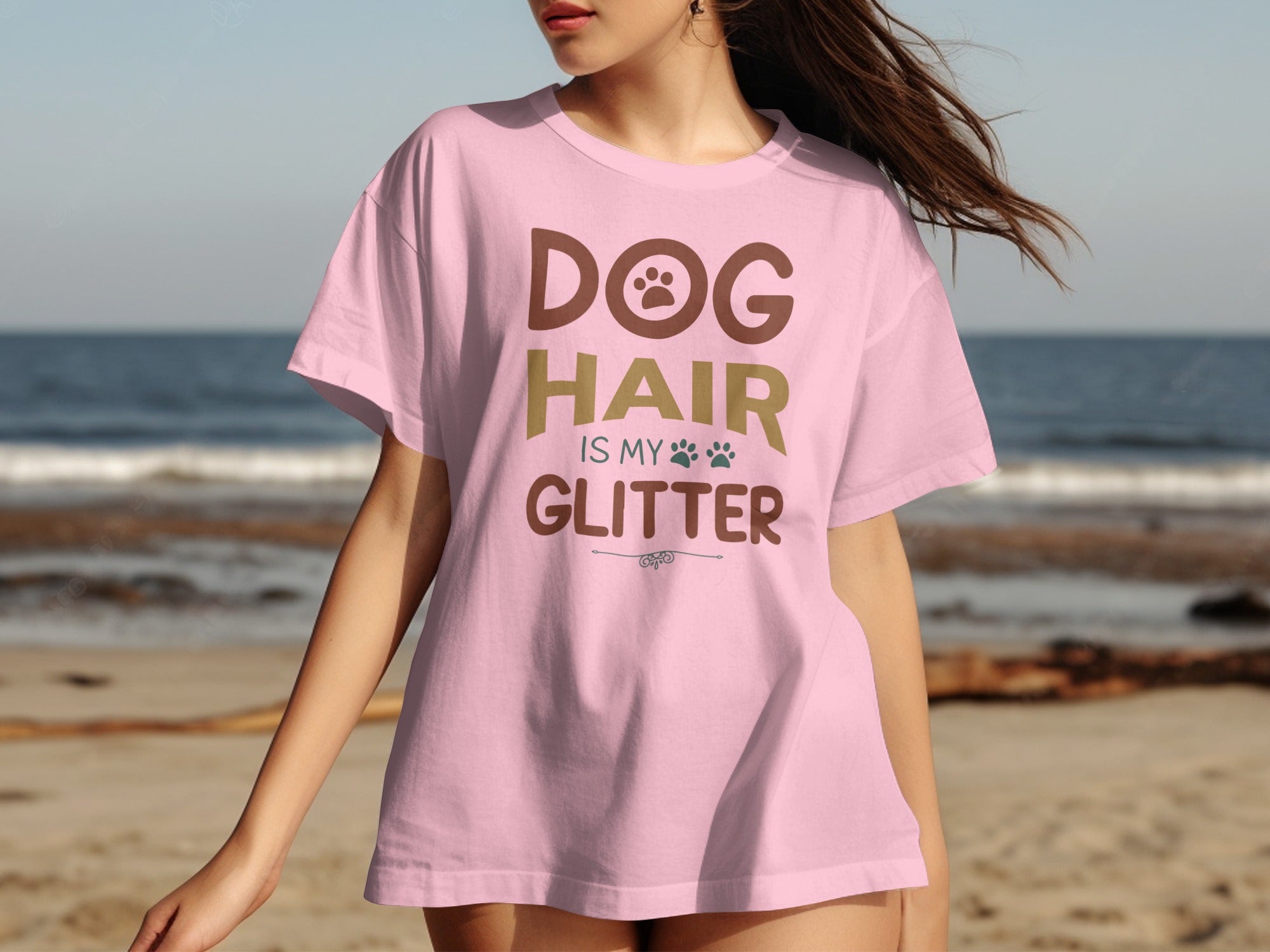 Pink t-shirt with text "DOG HAIR IS MY GLITTER" and paw prints.