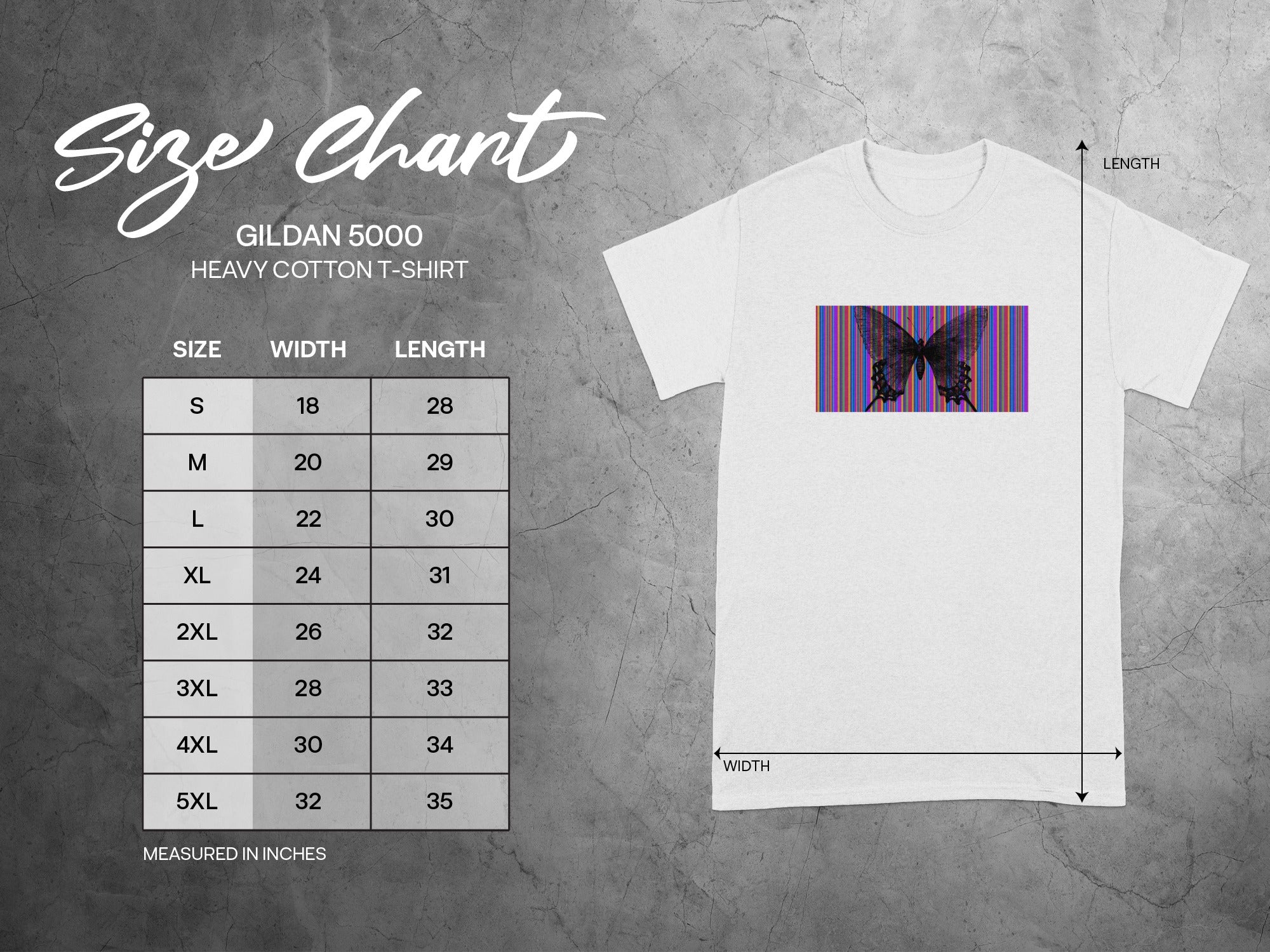 Gildan 5000 Heavy Cotton T-Shirt size chart in inches.