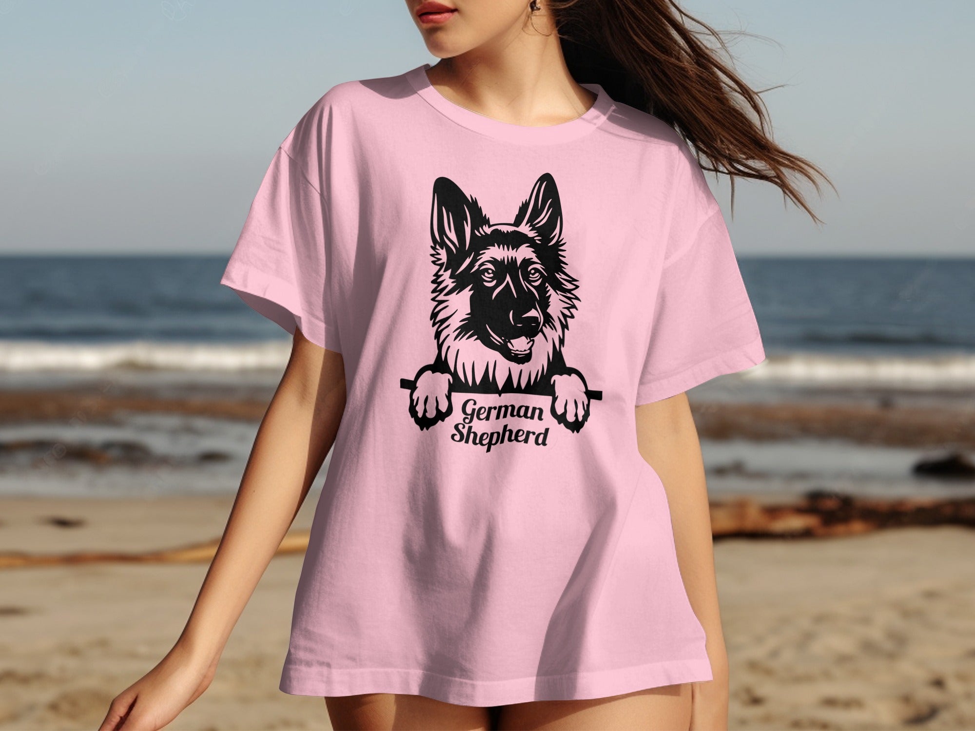 Light pink t-shirt with black German Shepherd graphic and text.