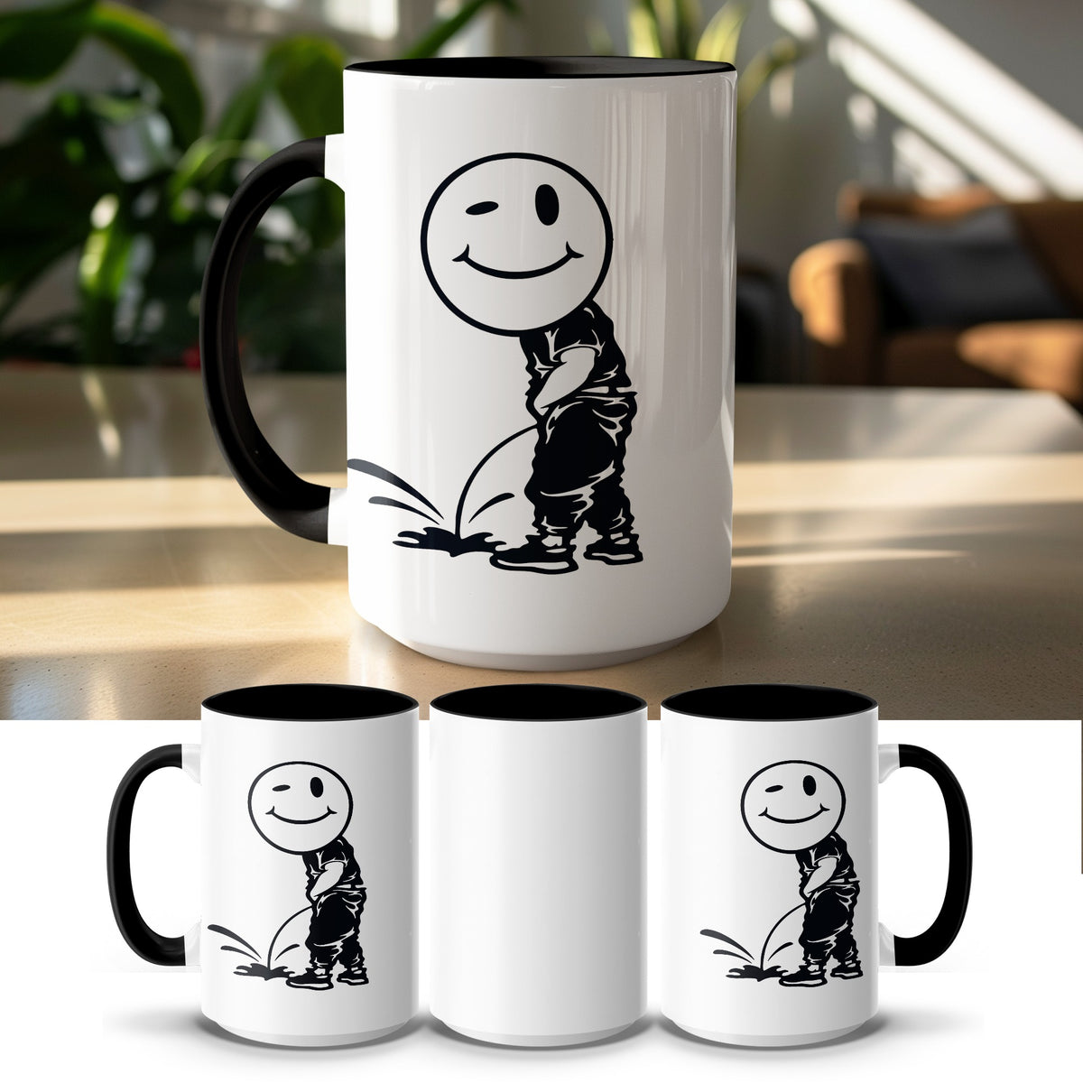 White mug with black interior and handle featuring a cartoon of a smiley face character peeing.