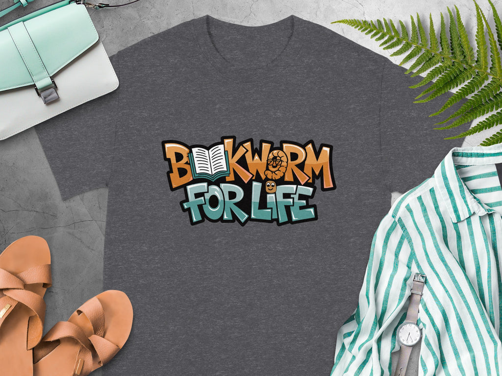 Dark grey t-shirt with "BOOKWORM FOR LIFE" graphic featuring a worm and book.