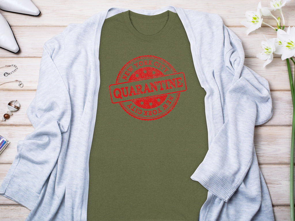 Olive green t-shirt with red New York City Quarantine stamp graphic.