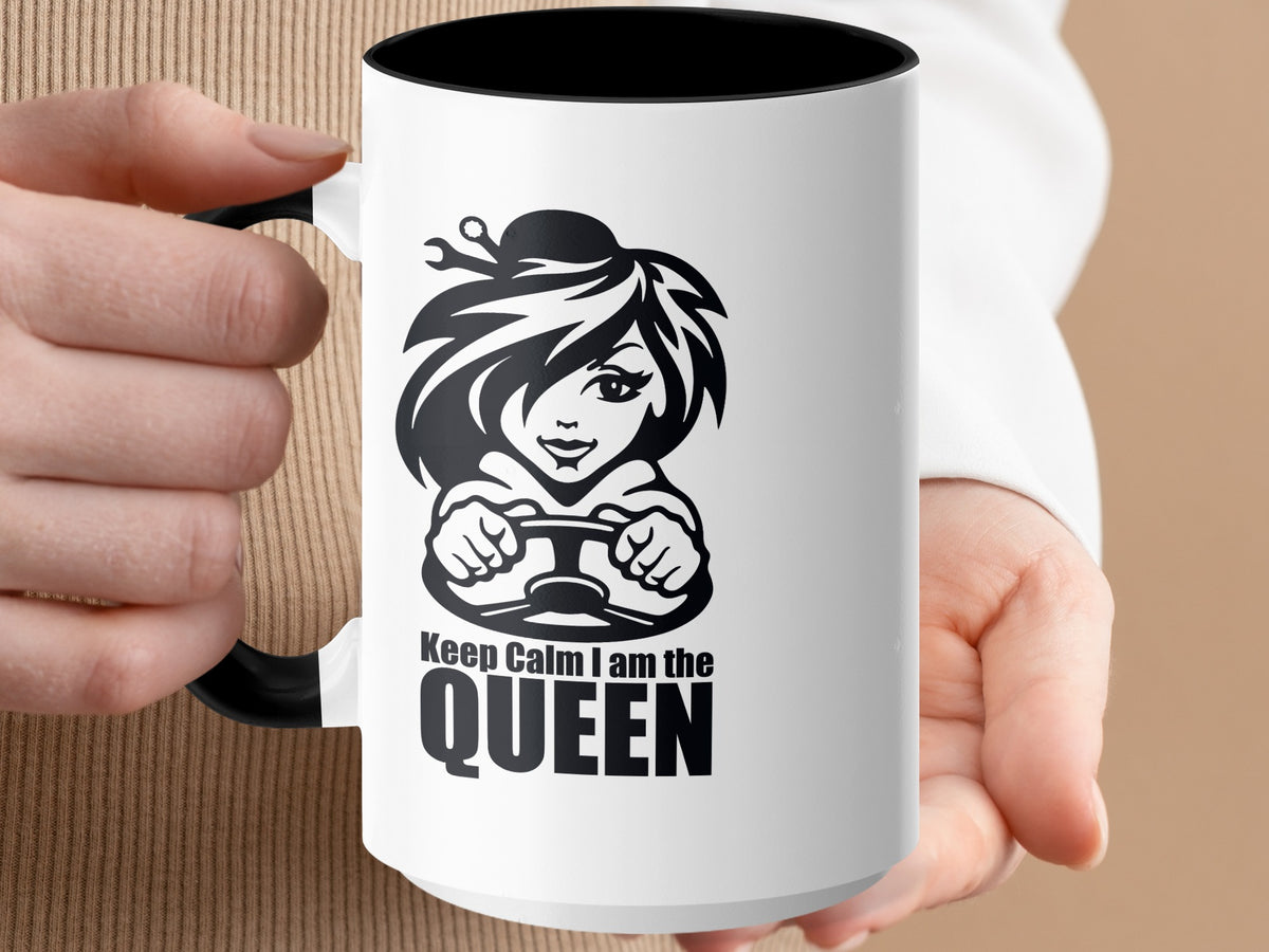 White mug with black interior featuring a cartoon woman driving, text says "Keep Calm I am the QUEEN".