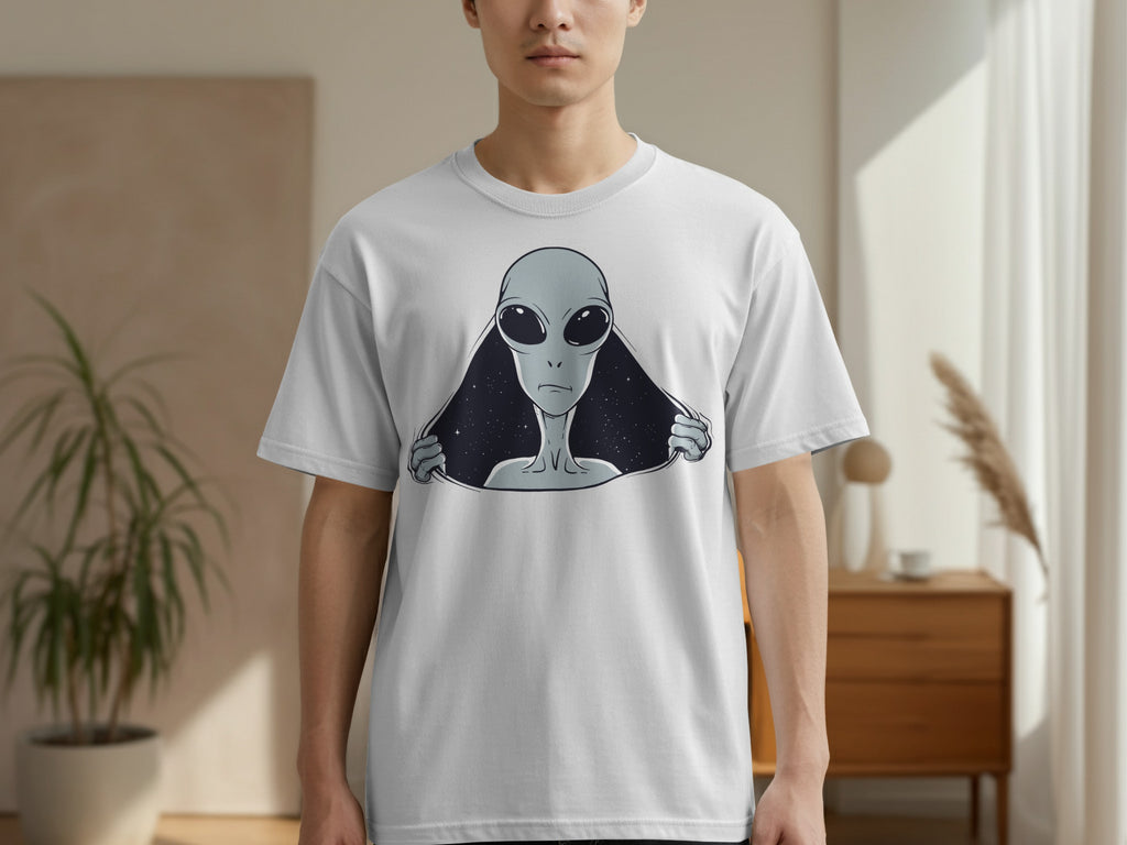 Grey alien peeking through a torn starry background on a white t-shirt.