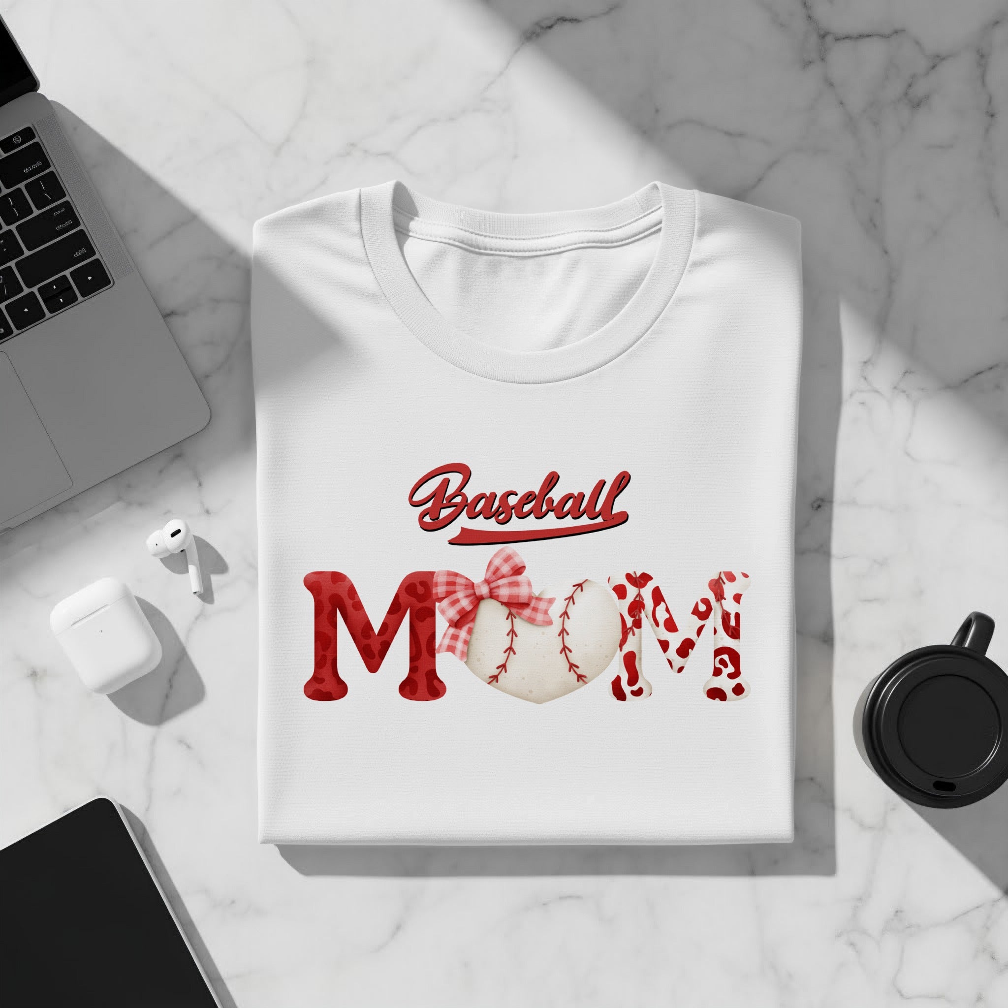 White t-shirt with "Baseball Mom" text and a baseball graphic.