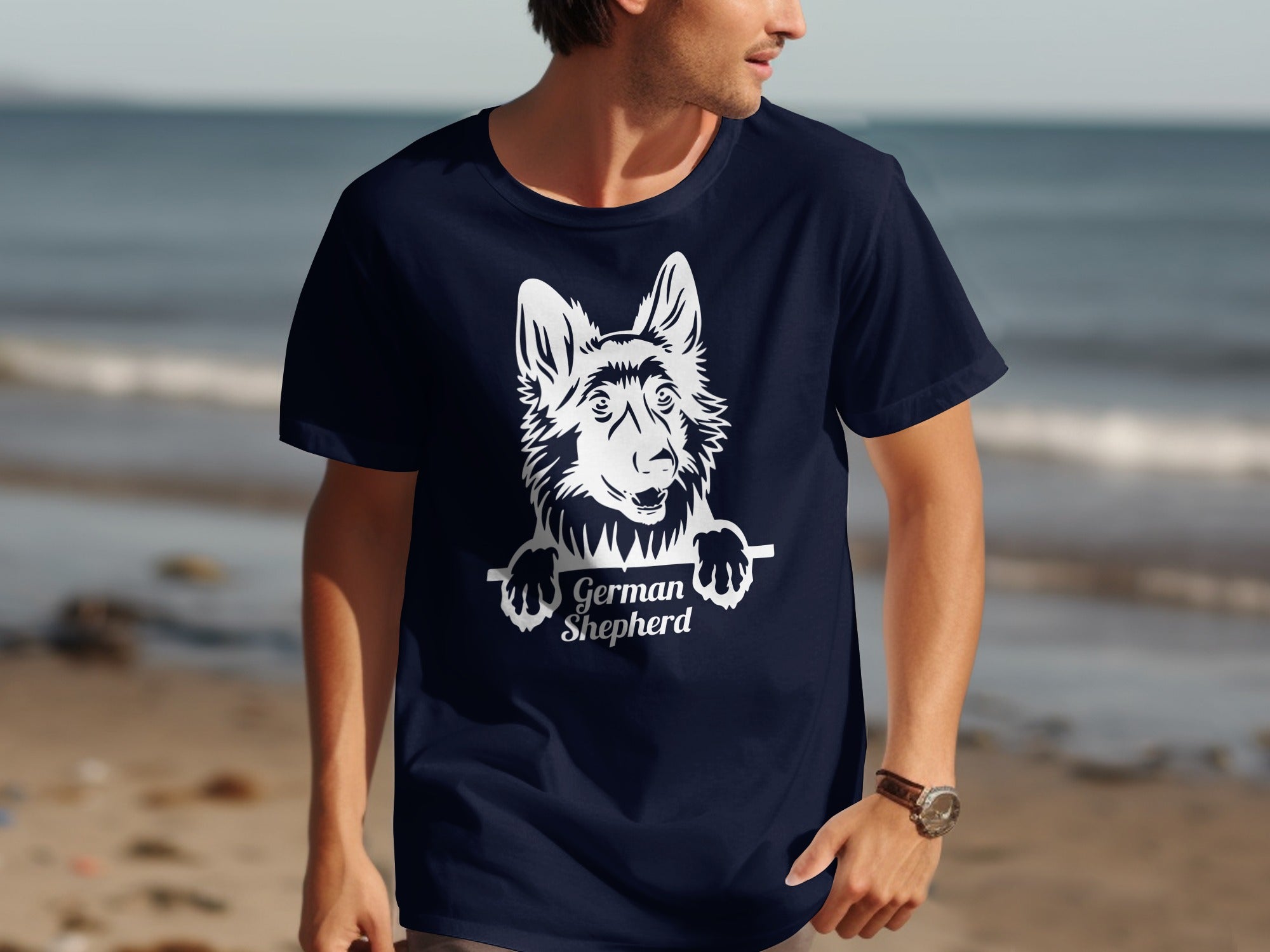 Dark blue t-shirt with a white German Shepherd graphic and text.