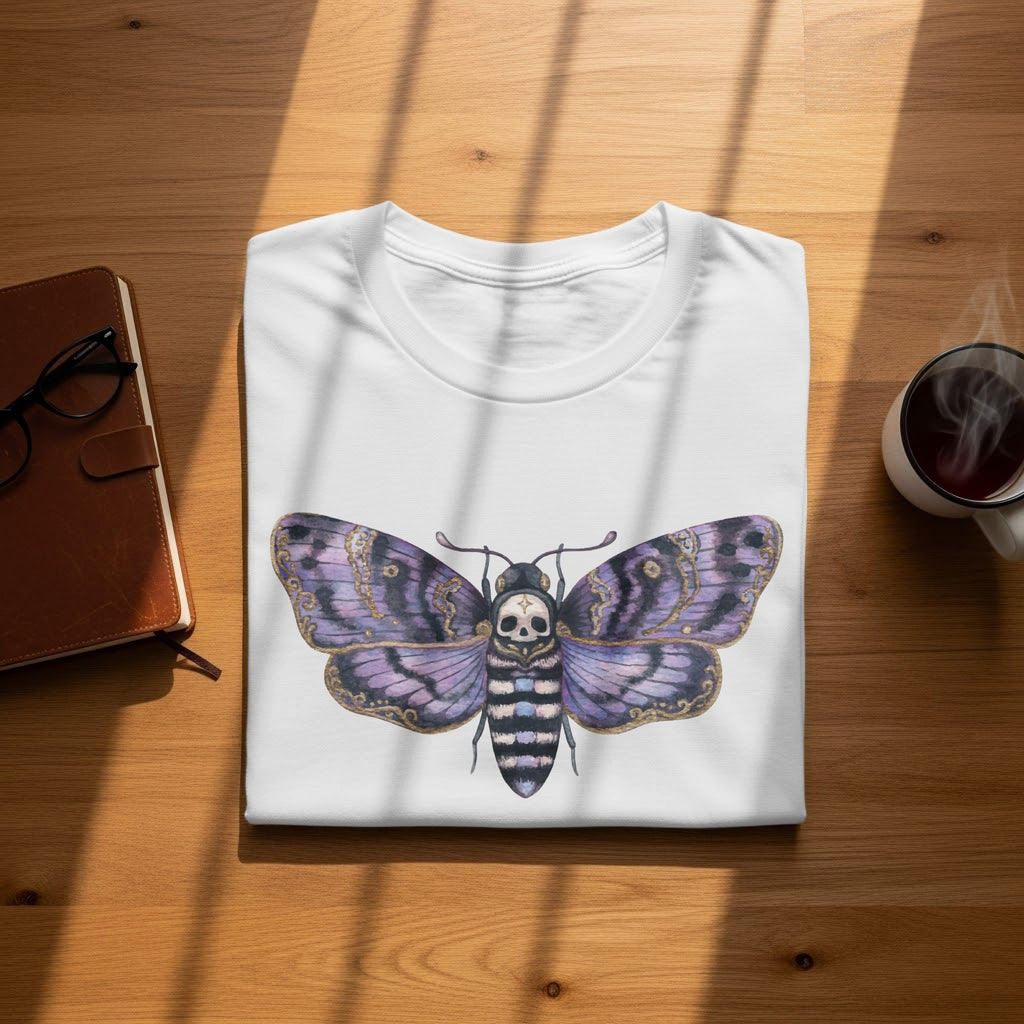 White t-shirt with a purple moth featuring a skull design on the chest.