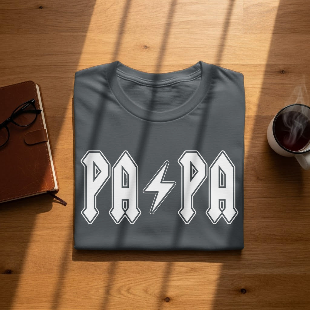 Dark grey t-shirt with white text "PAPA" and lightning bolt graphic