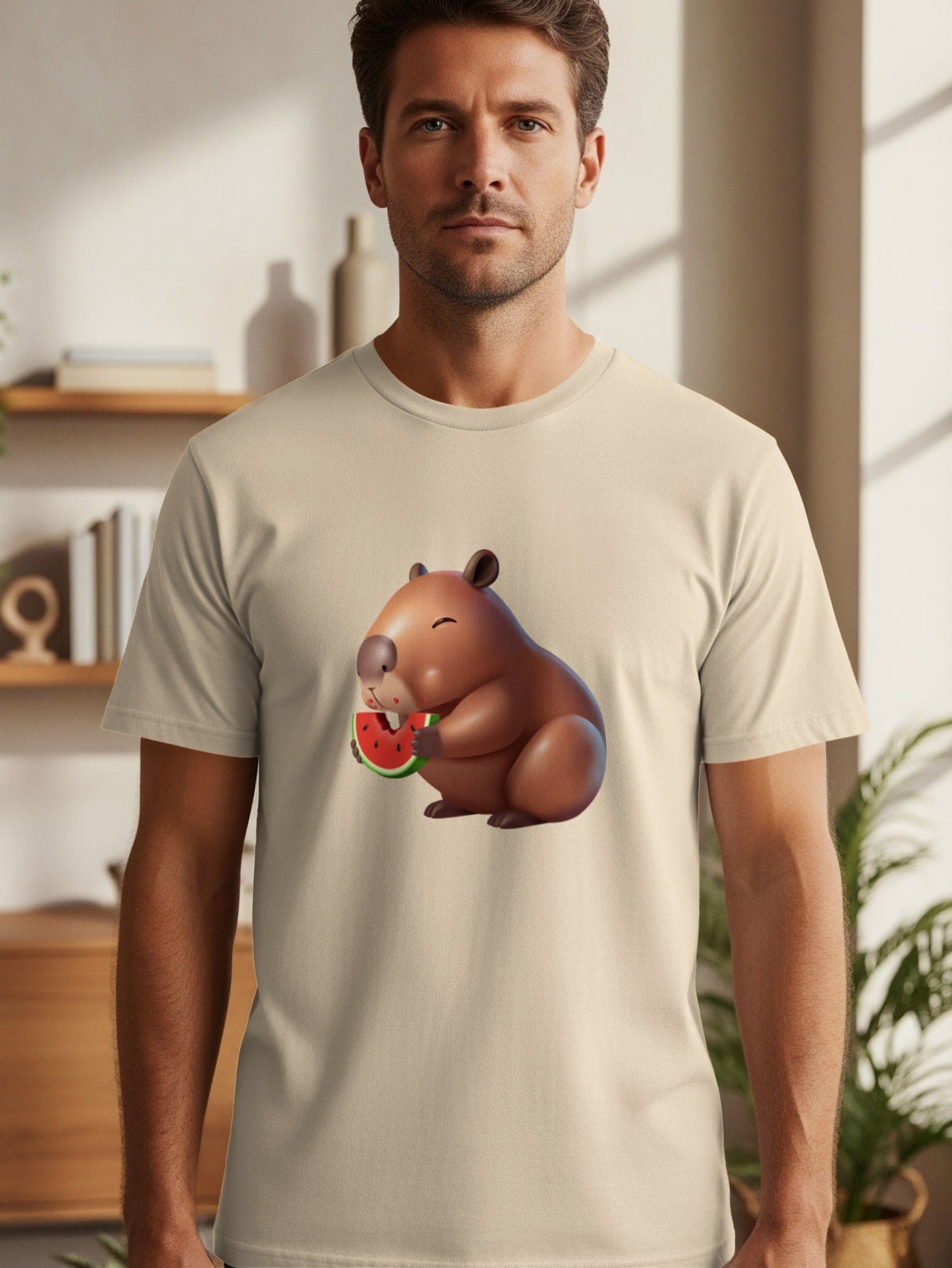 Cartoon capybara eating watermelon on a beige t-shirt.