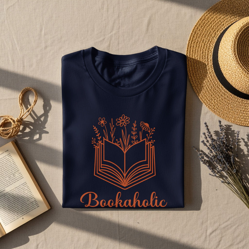 Navy t-shirt with floral open book graphic and "Bookaholic" text.