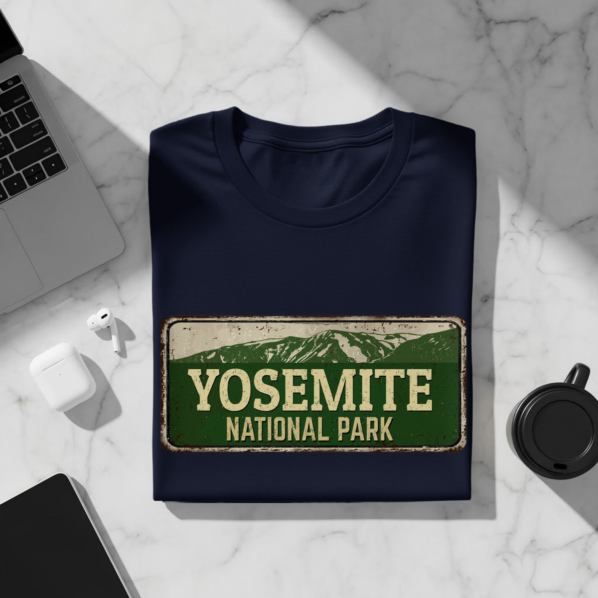 Navy t-shirt with Yosemite National Park graphic.