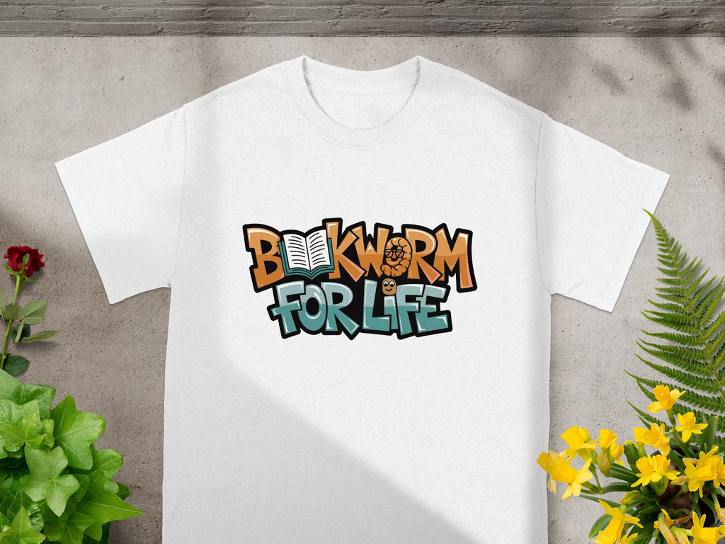 White t-shirt with "BOOKWORM FOR LIFE" text and bookworm graphic.