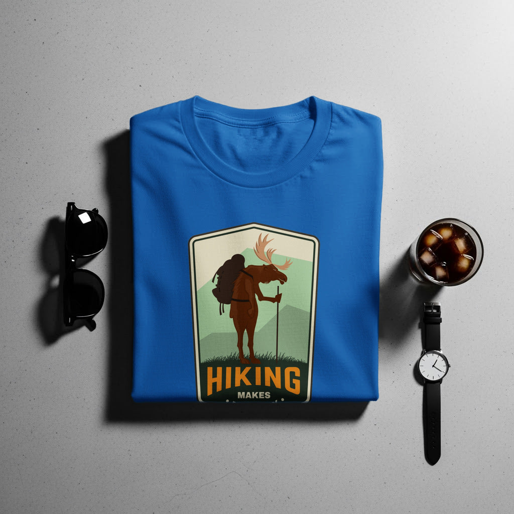 Royal blue t-shirt with a vintage-style patch of a moose hiking.