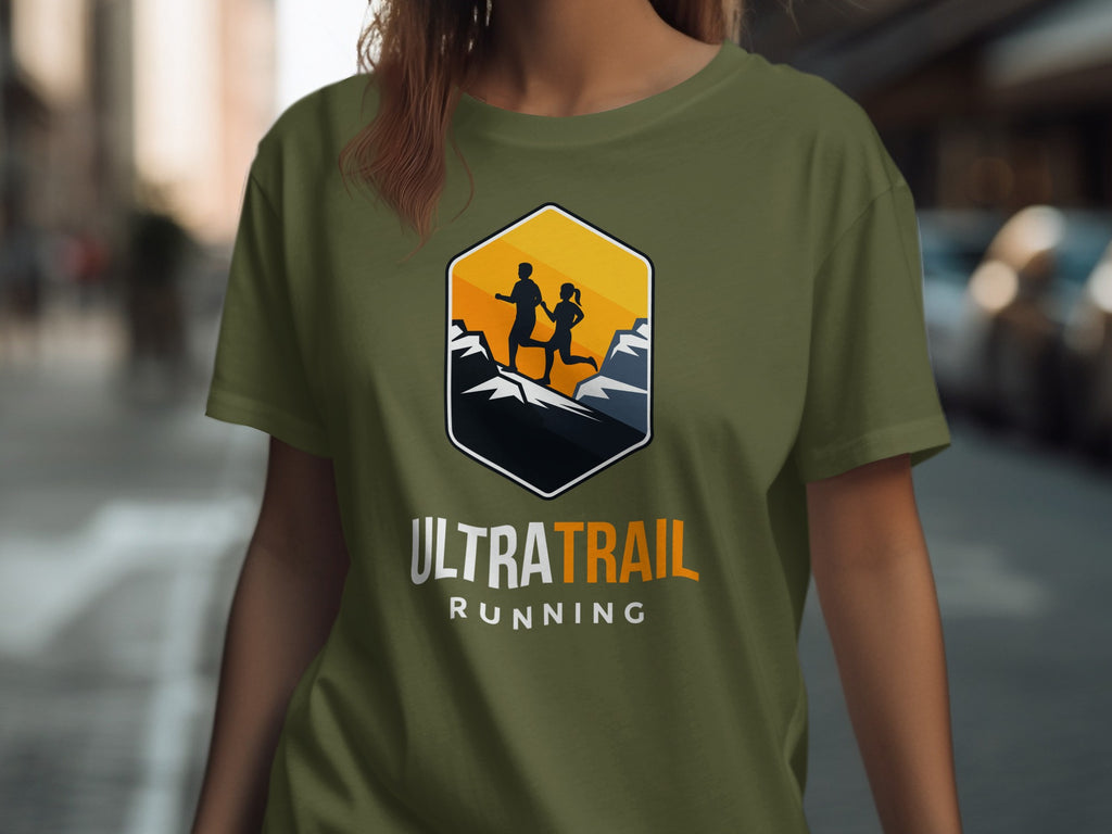Olive green t-shirt with "ULTRA TRAIL RUNNING" logo featuring running silhouettes and mountains.