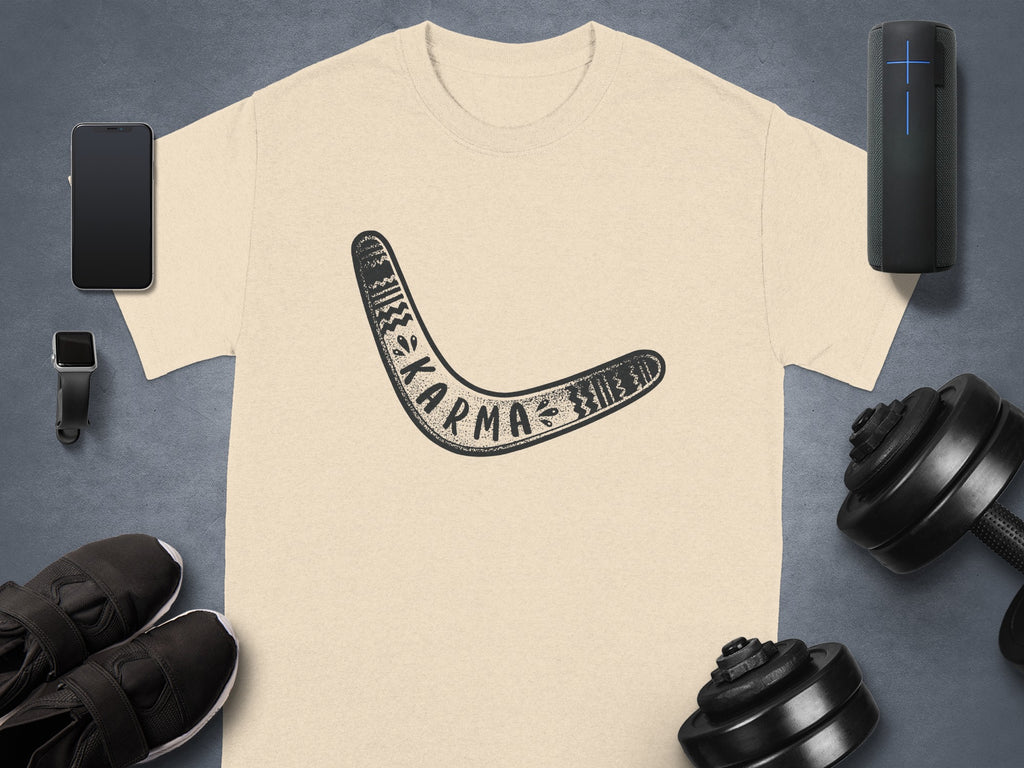 Light beige t-shirt with a black boomerang graphic and the word "Karma".