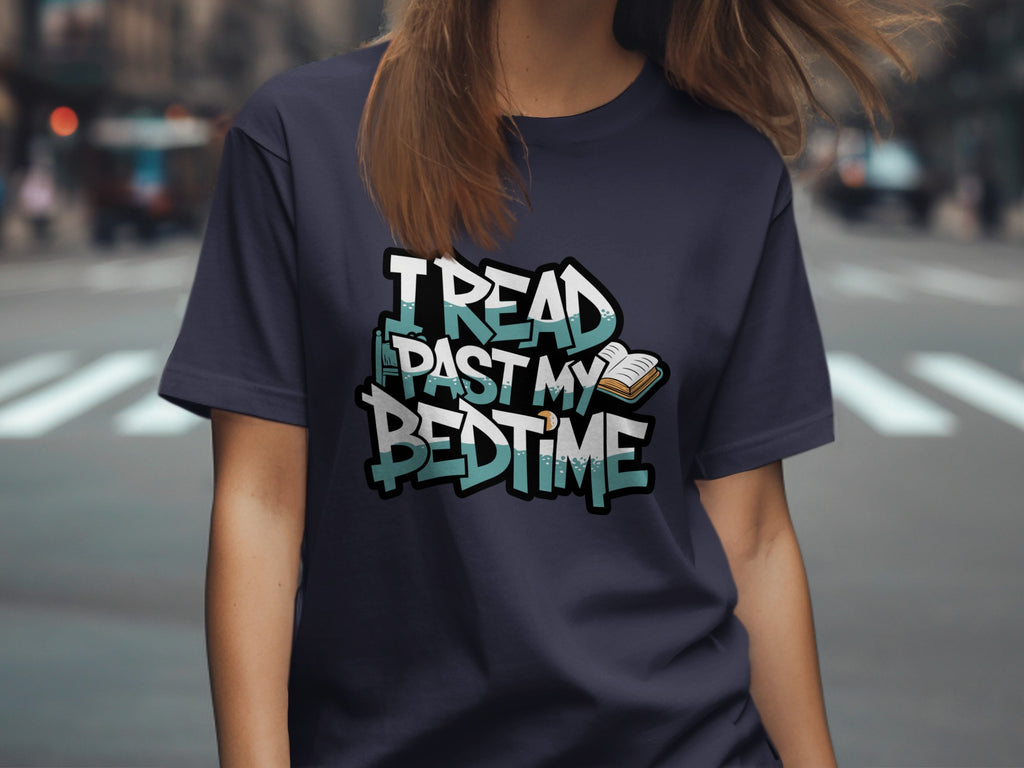 Navy t-shirt with "I READ PAST MY BEDTIME" text and open book graphic.