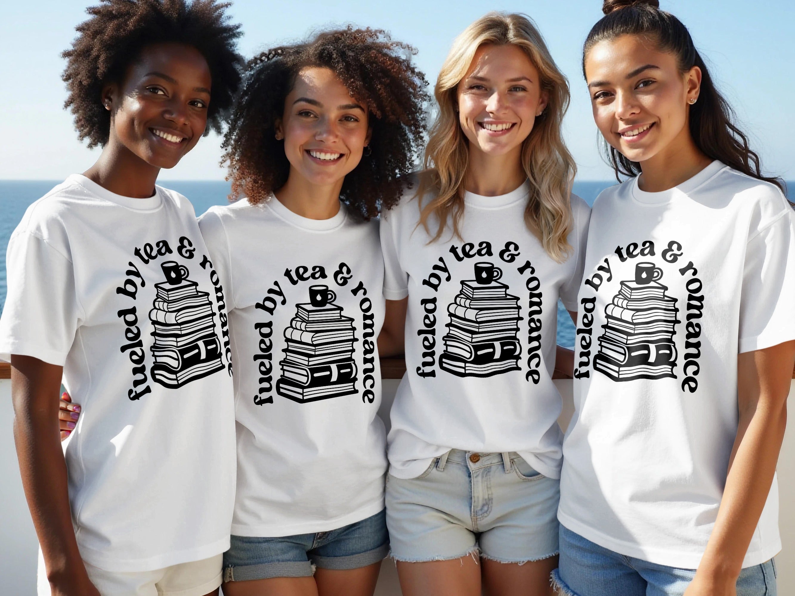 Four women wear white t-shirts with black graphic print of stacked books and text.