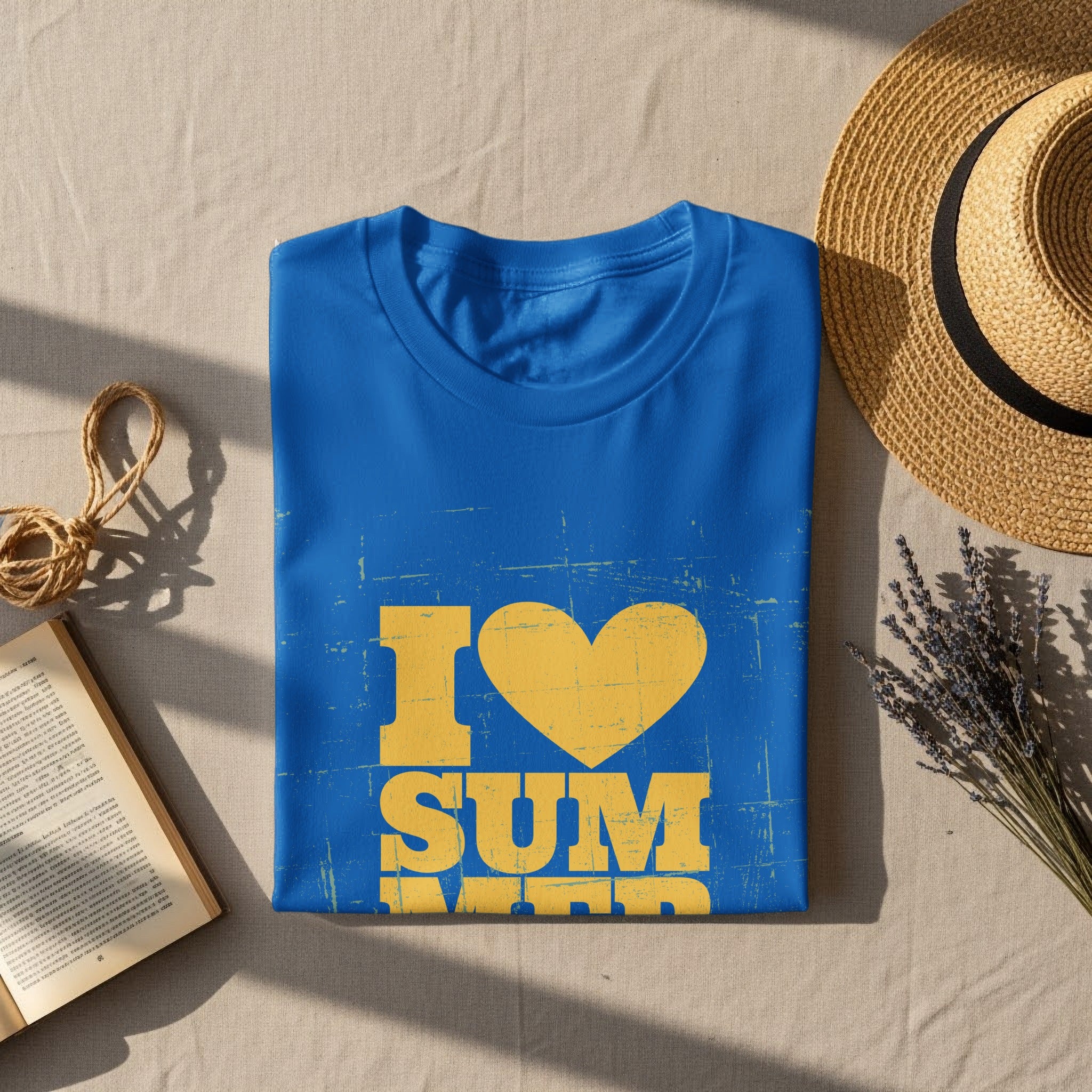 Blue t-shirt with yellow text that reads "I love SUM".