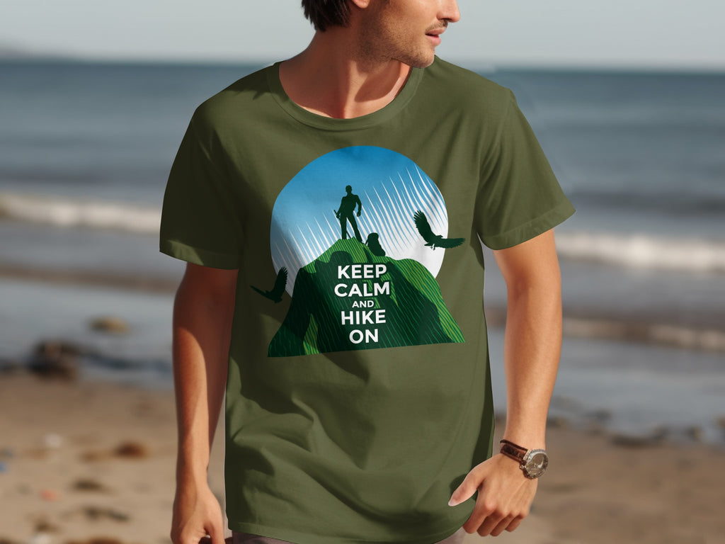 Olive t-shirt with "Keep Calm and Hike On" text and mountain graphic.