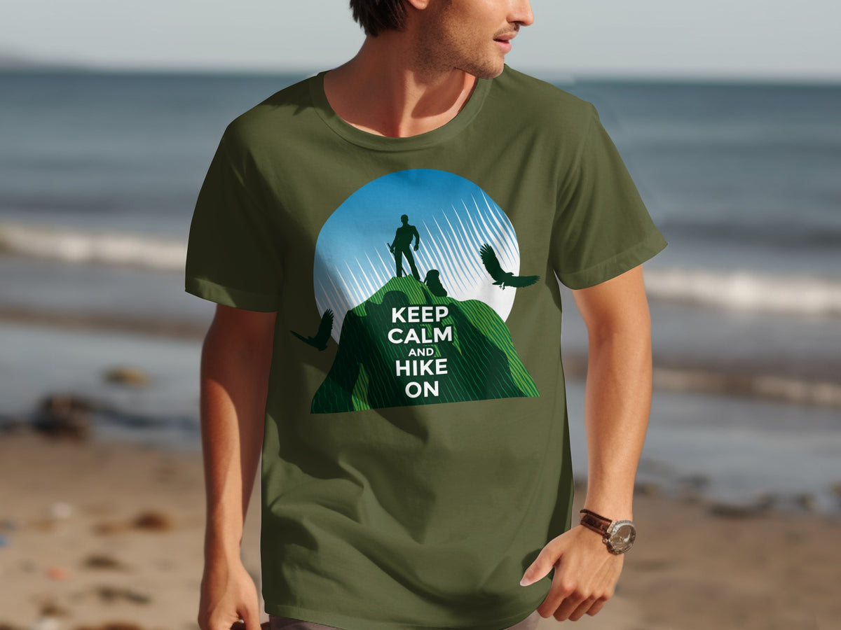 Olive t-shirt with "Keep Calm and Hike On" text and mountain graphic.