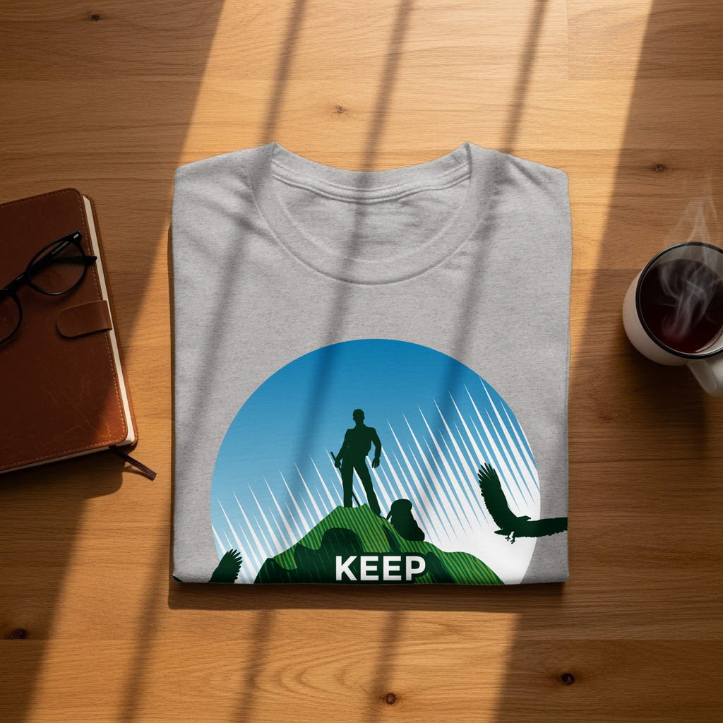 Gray t-shirt with a graphic of a hiker on a mountain, eagles flying, and the word "KEEP."