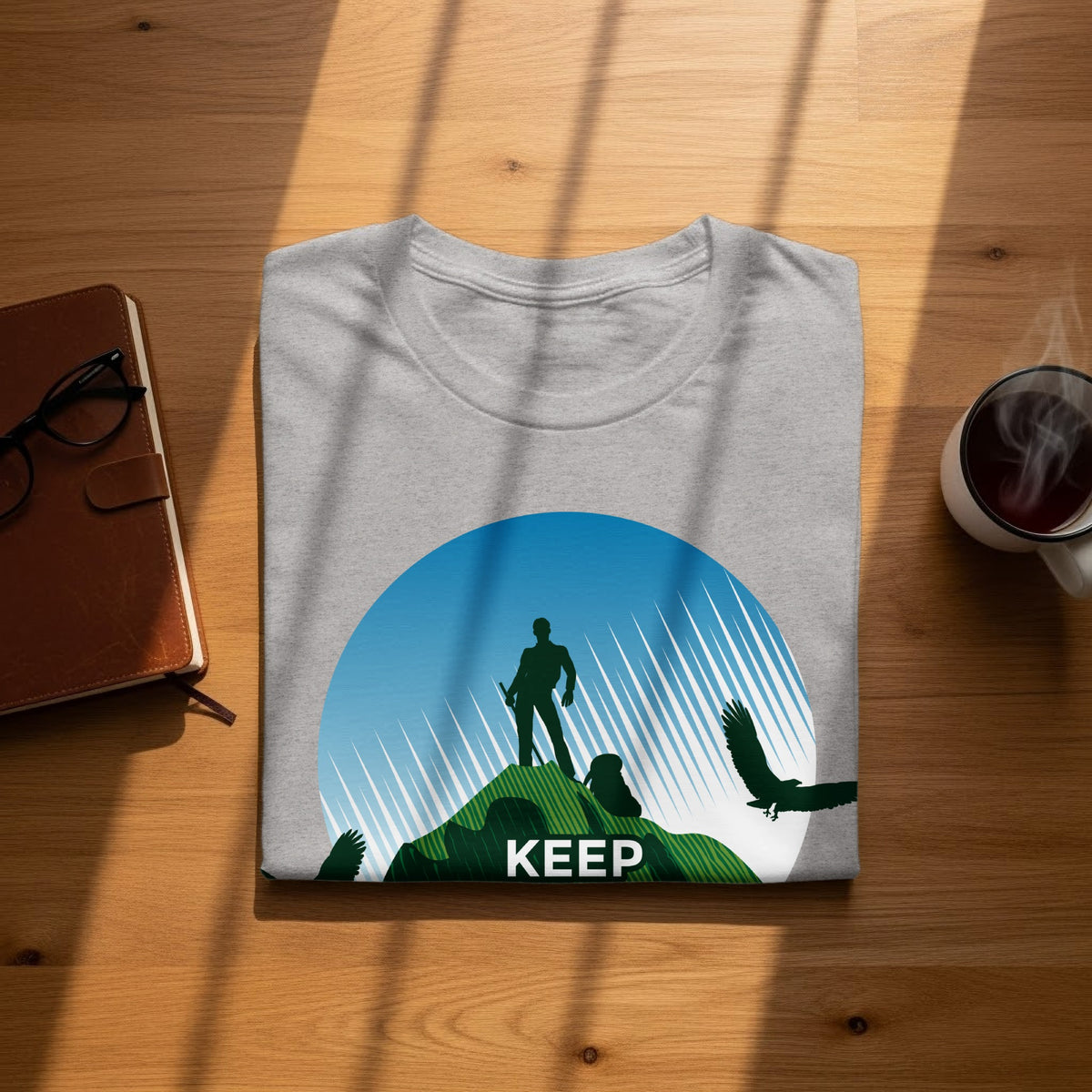 Gray t-shirt with a graphic of a hiker on a mountain, eagles flying, and the word "KEEP."