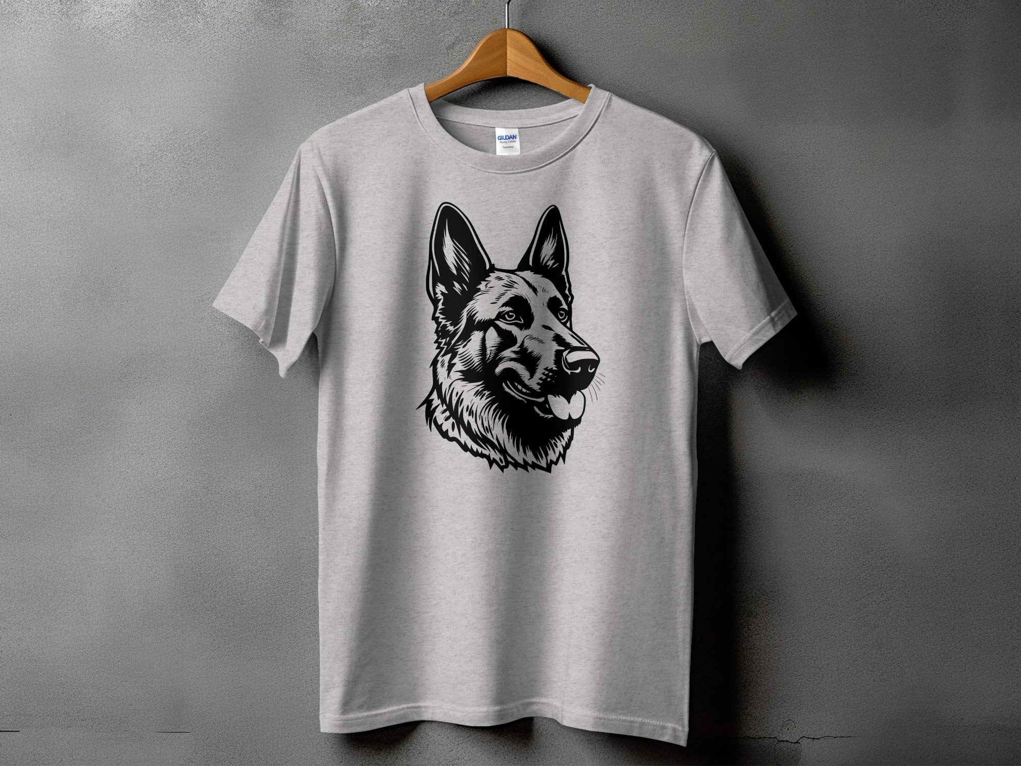 Light gray t-shirt with a black German Shepherd head graphic.