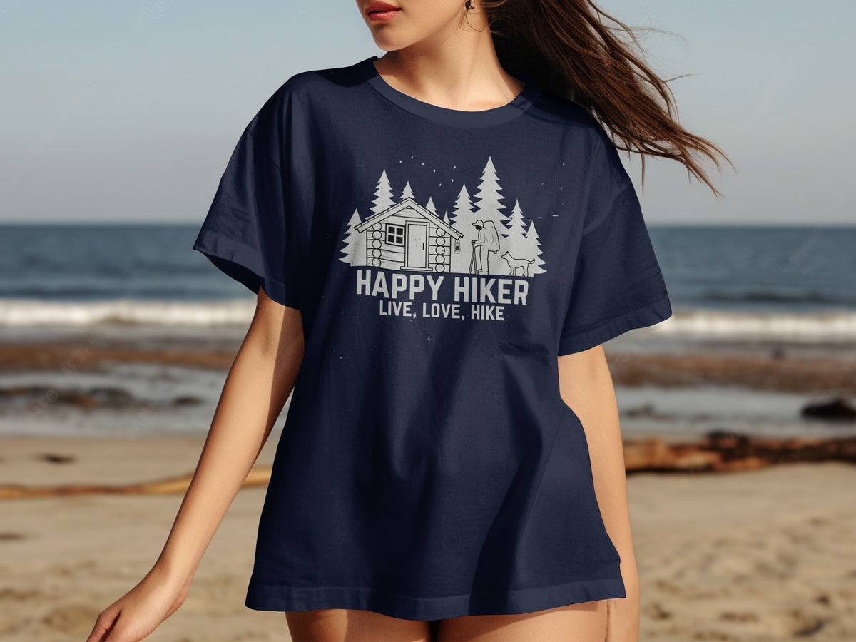 Navy t-shirt with "Happy Hiker Live, Love, Hike" and forest scene graphic.