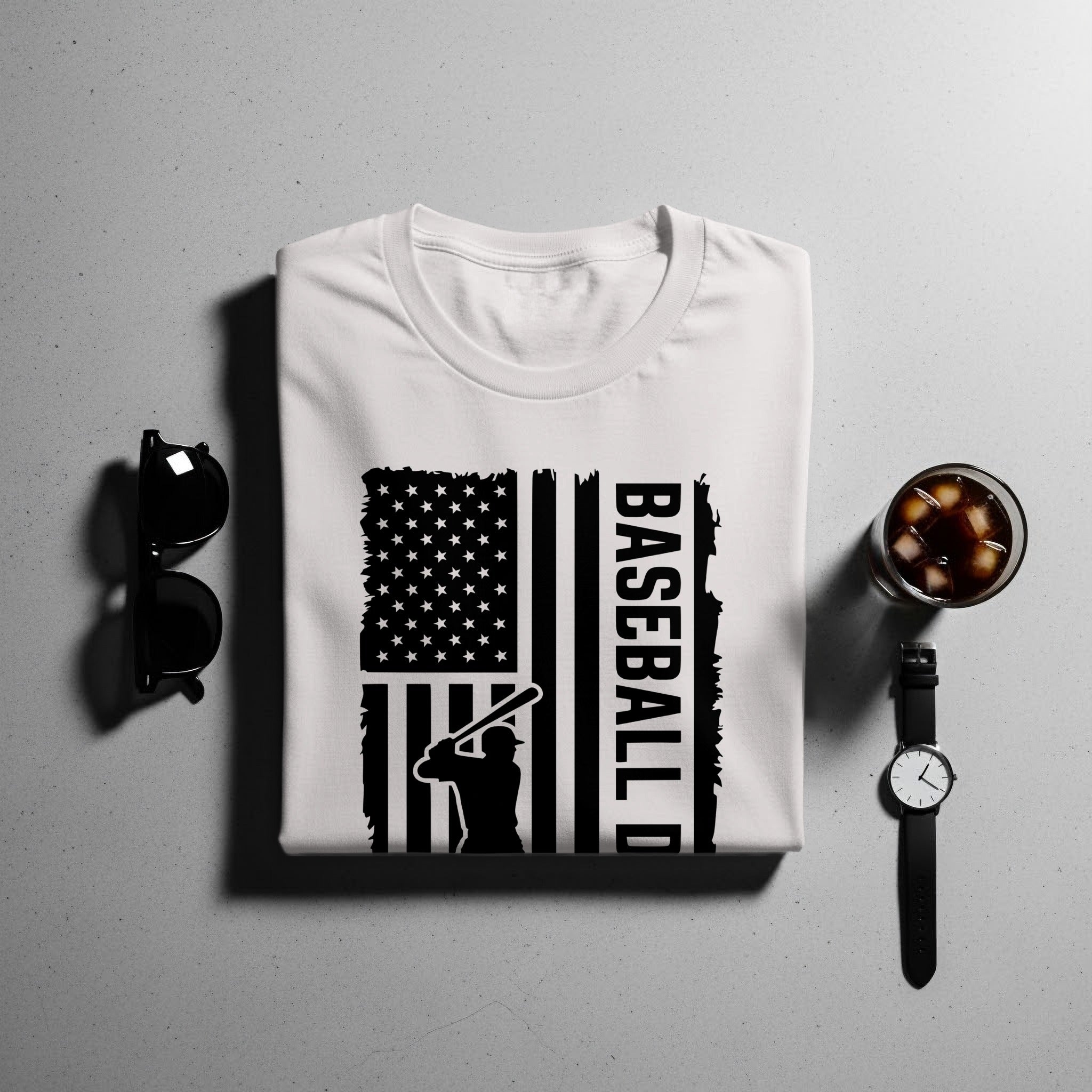 White t-shirt with American flag graphic and baseball player silhouette.