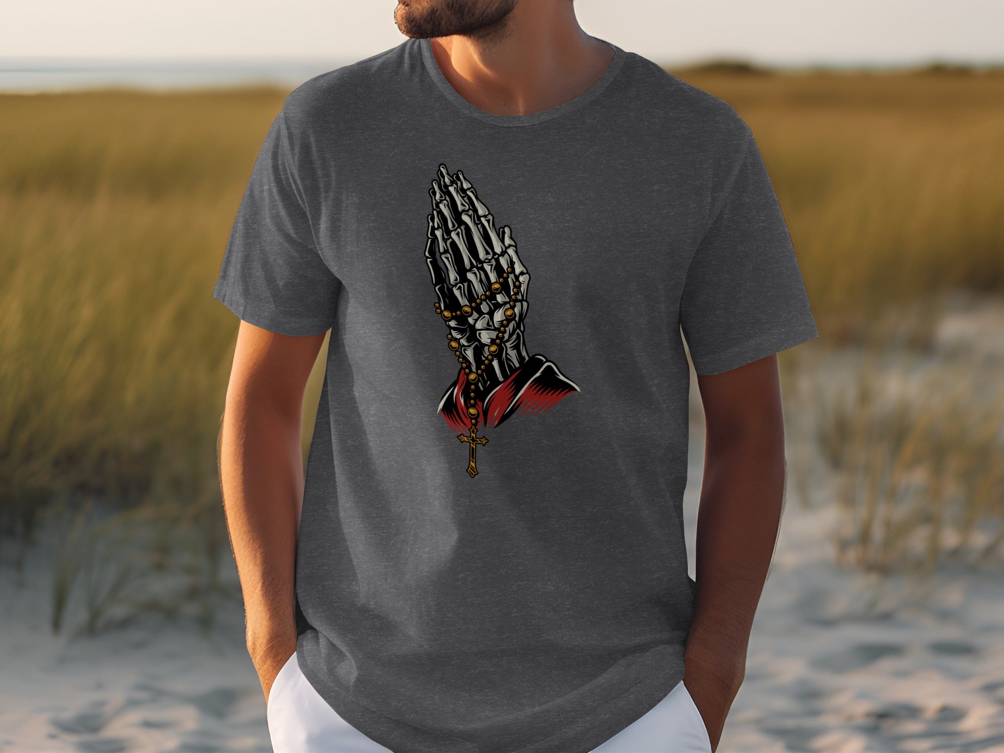 Dark grey t-shirt with skeleton hands praying and a rosary.