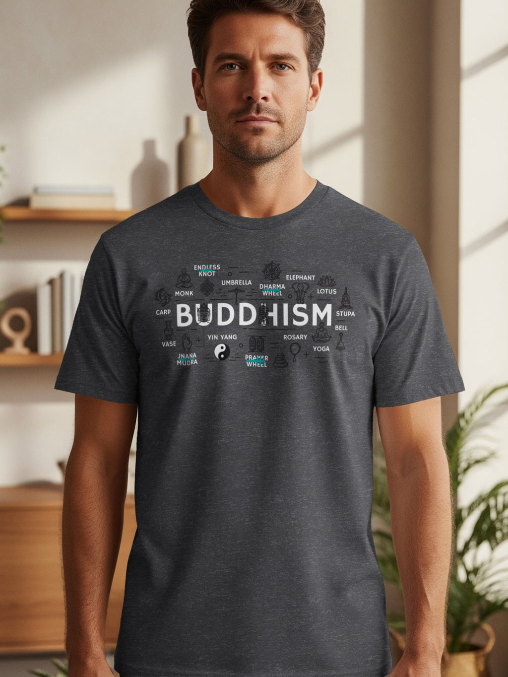 Charcoal t-shirt with "BUDDHISM" and related symbols: monk, knot, Dharma wheel, elephant, lotus.