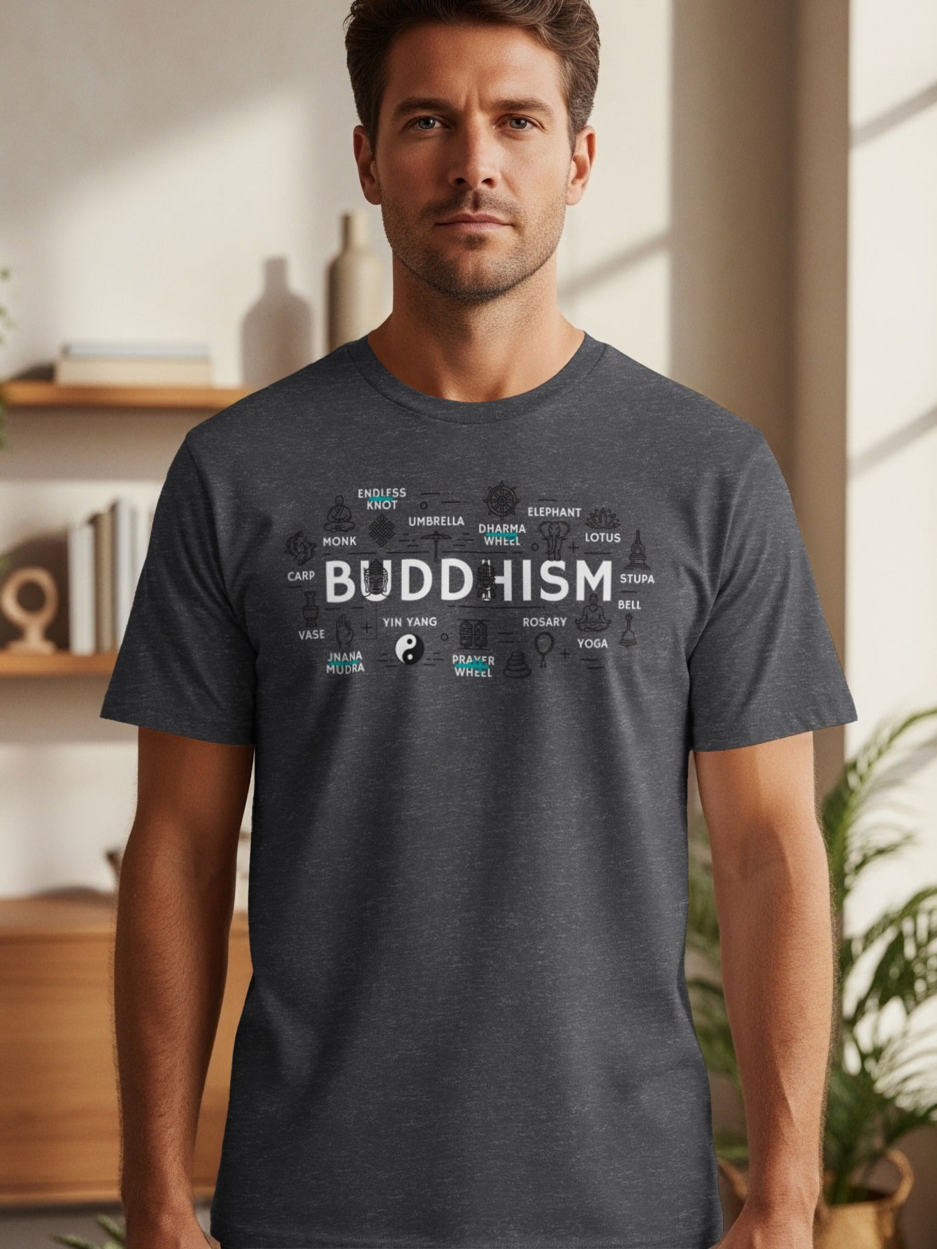 Charcoal t-shirt with "BUDDHISM" and related symbols: monk, knot, Dharma wheel, elephant, lotus.