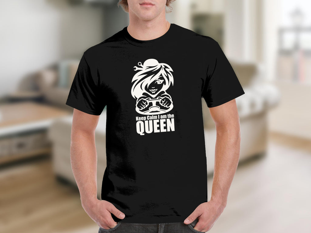 Black t-shirt with white graphic of woman gaming and text "Keep Calm I am the QUEEN".