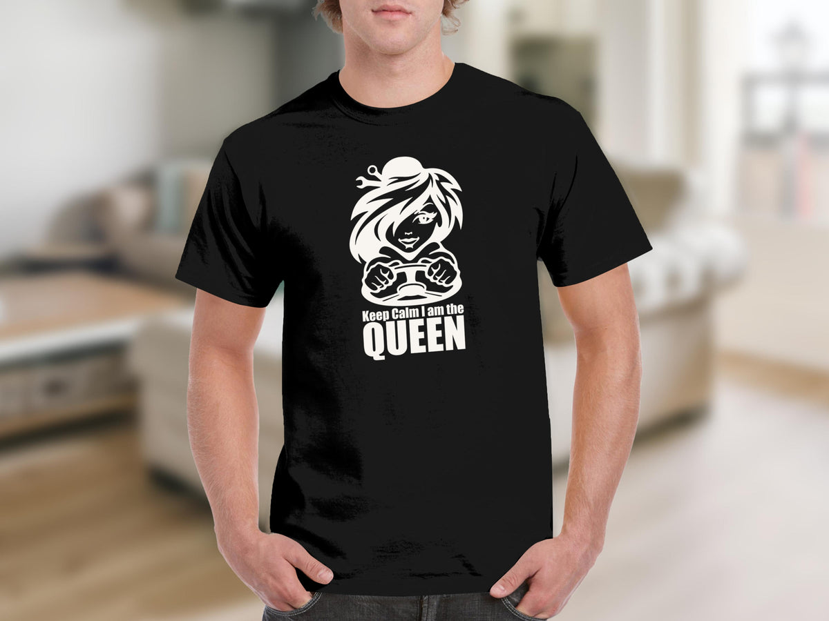 Black t-shirt with white graphic of woman gaming and text "Keep Calm I am the QUEEN".
