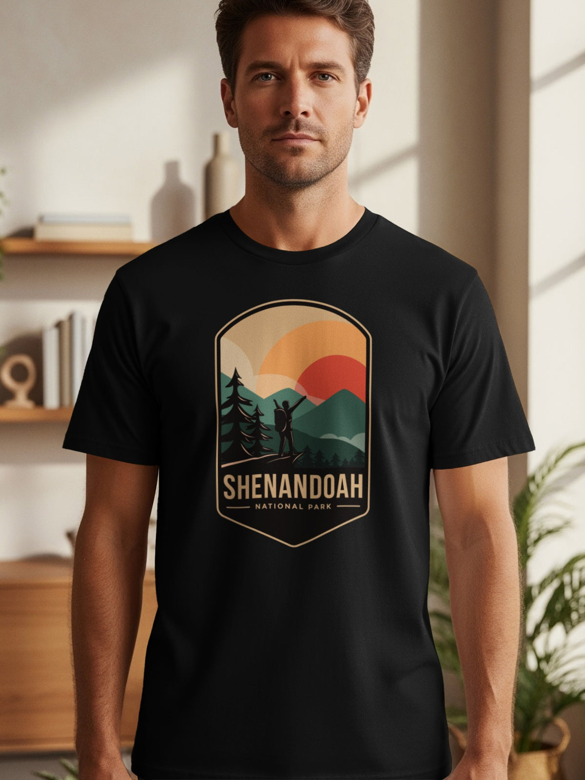 Black t-shirt with Shenandoah National Park graphic featuring a hiker and mountains at sunset.