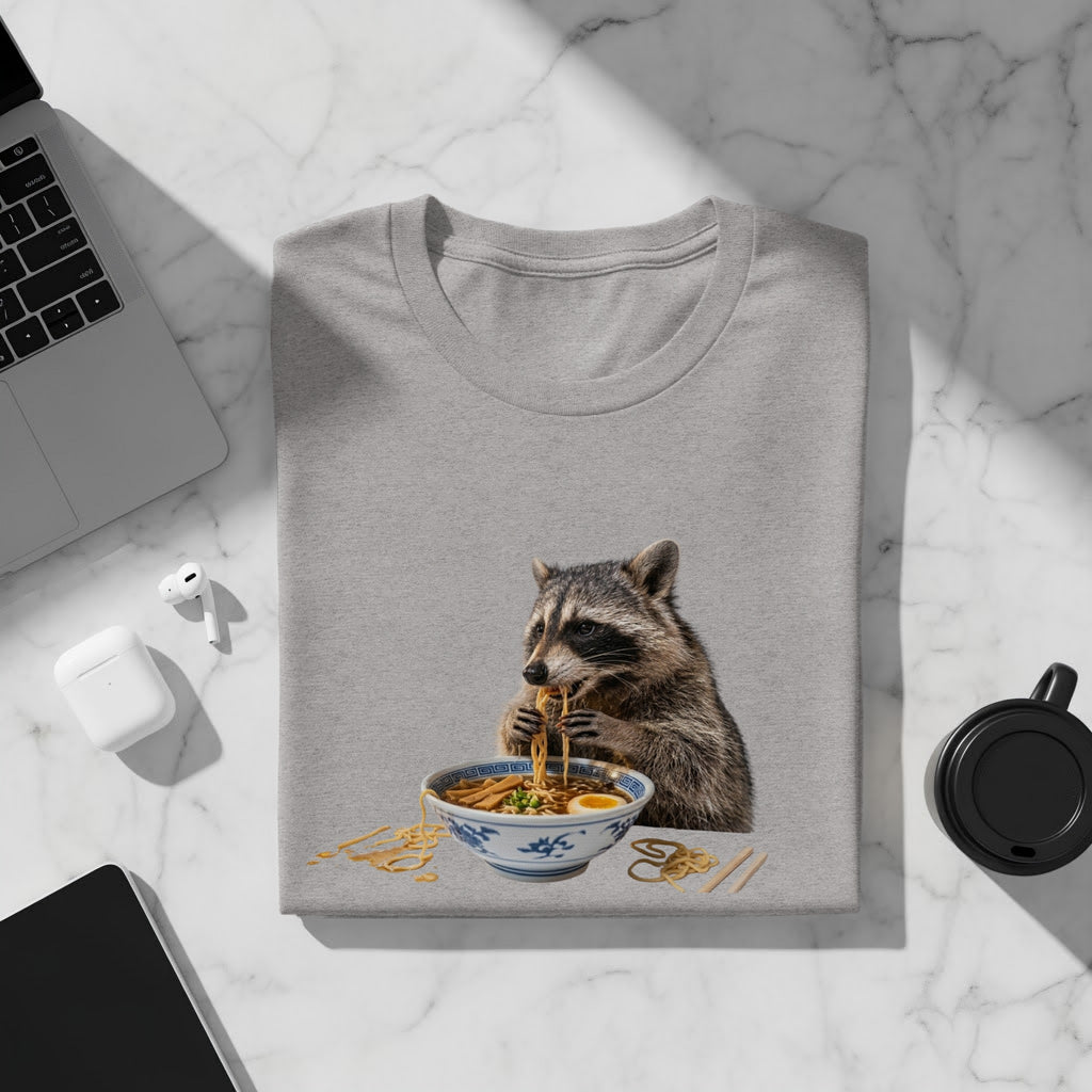 T-shirt with a raccoon eating ramen noodles, shown with a laptop and coffee.