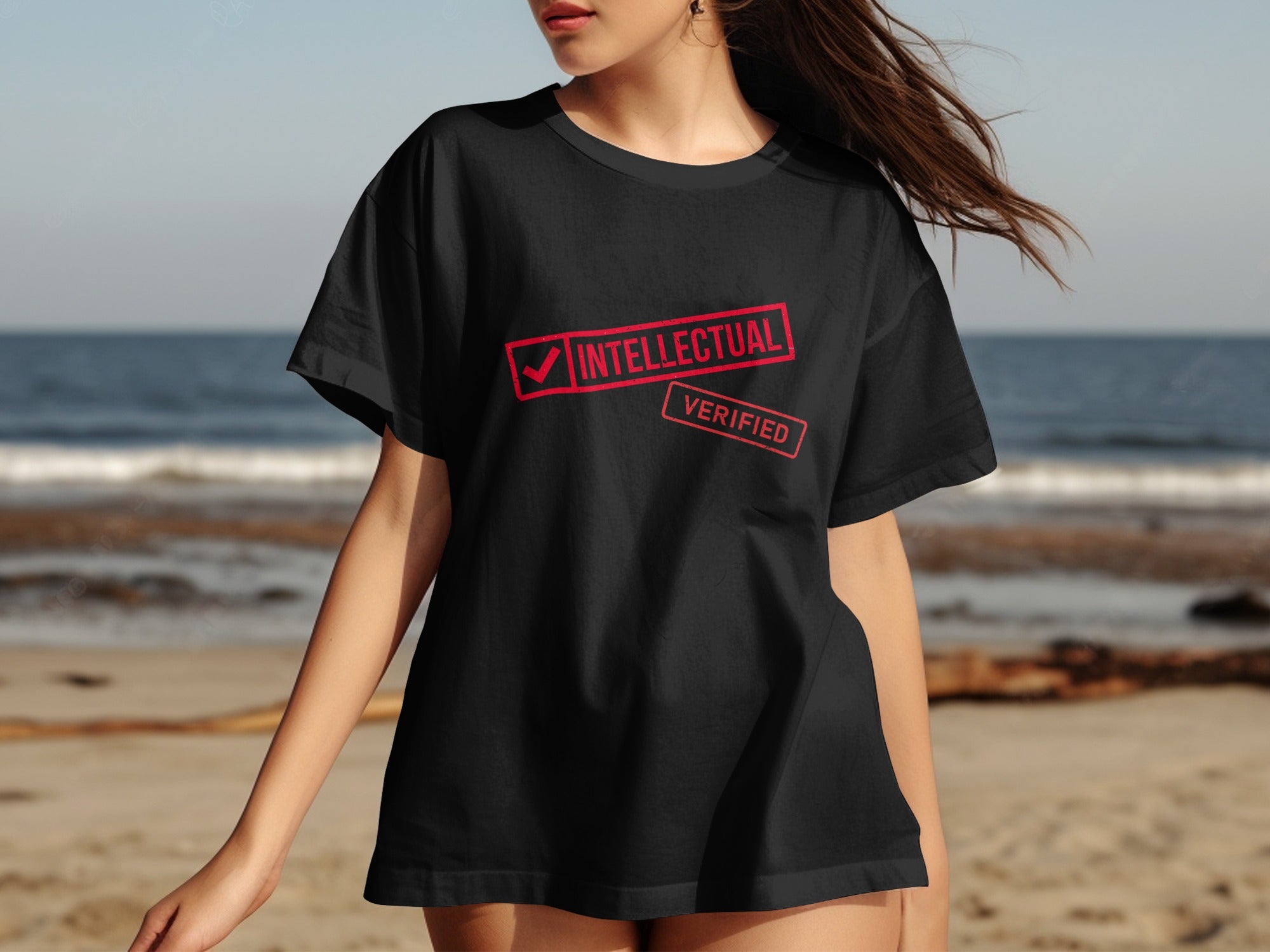 Black t-shirt with red "INTELLECTUAL VERIFIED" stamp graphic on front.