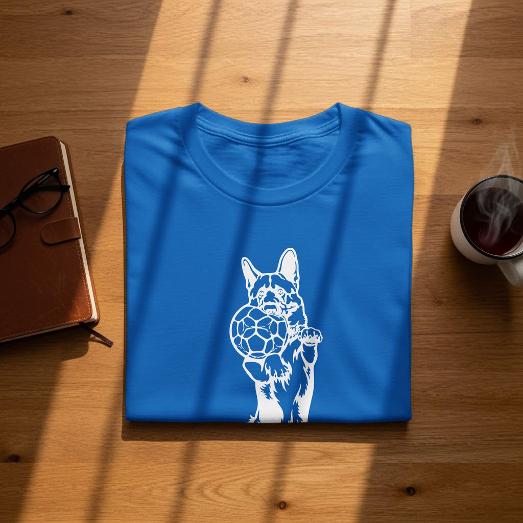 Blue t-shirt with a white silhouette of a dog holding a soccer ball.